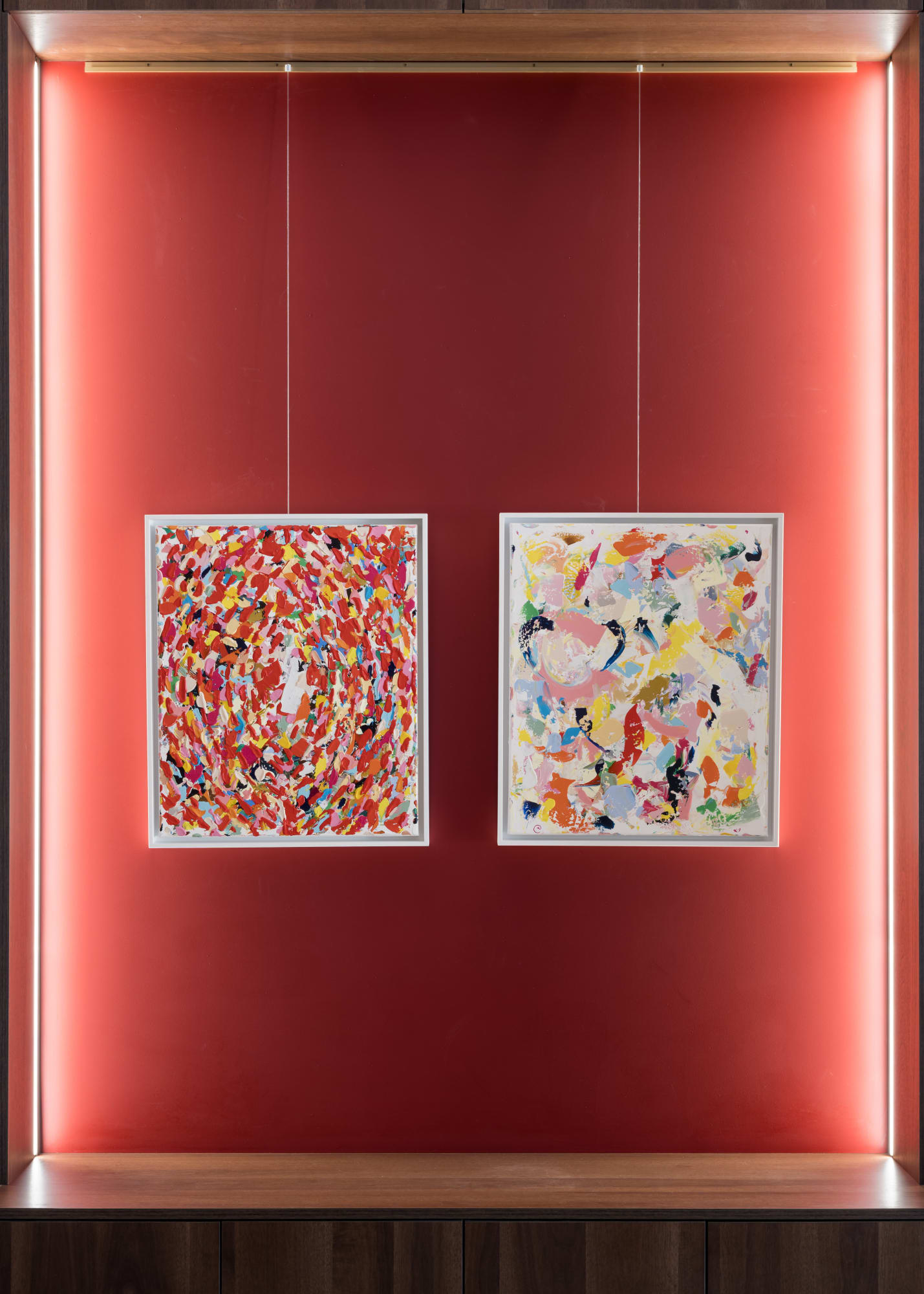 Installation view of two acrylic paintings by Olivia de Posson: The Mother (We are the World) and Birth of the Child, 2024, shown at Galerie REVEL.