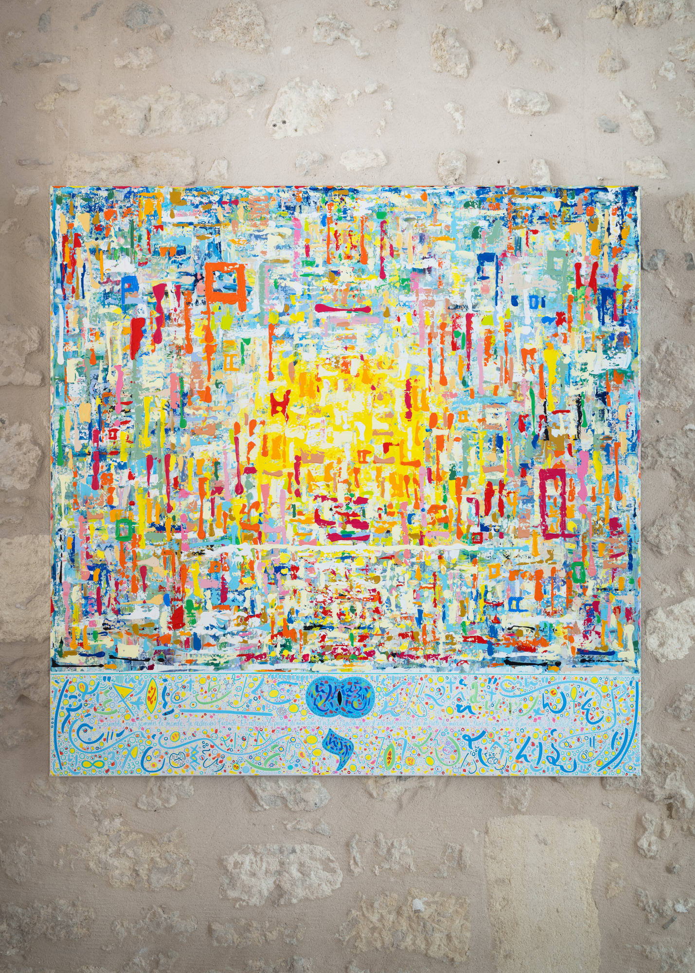 Abstract painting by Olivia de Posson titled Together, we are the world… (2025), featuring vibrant blocks of colour and calligraphic motifs on canvas.