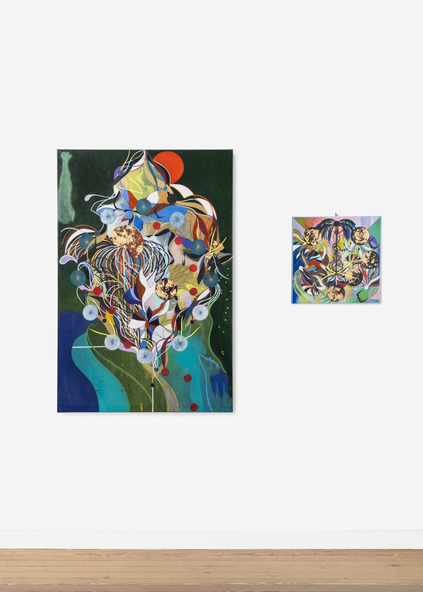 Installation view of two mixed-media paintings by Tiffanie Delune at Galerie REVEL during the exhibition “Alchemical Gestures” in Bordeaux 2025.