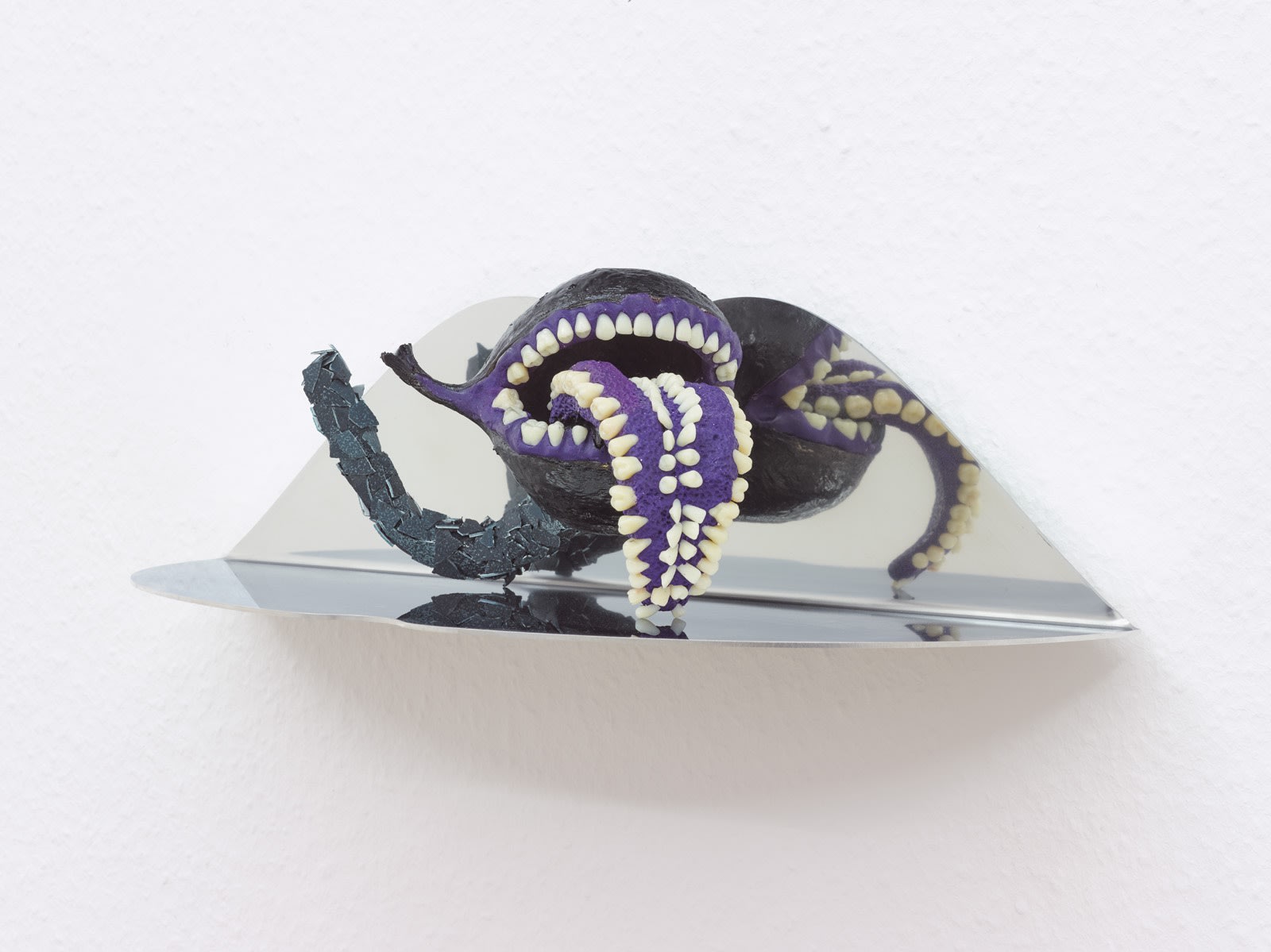 PRZEMEK BRANAS Plotka 5 [Rumour 5], 2020-2021Emu ostrich eggshells, Sterculia Foetida tree nutshells, acrylic, modelling clay, aluminium, insulating tape, glue steel13 x 46 x 17 cm | 5 1/8 x 18 1/8 x 6 3/4 in