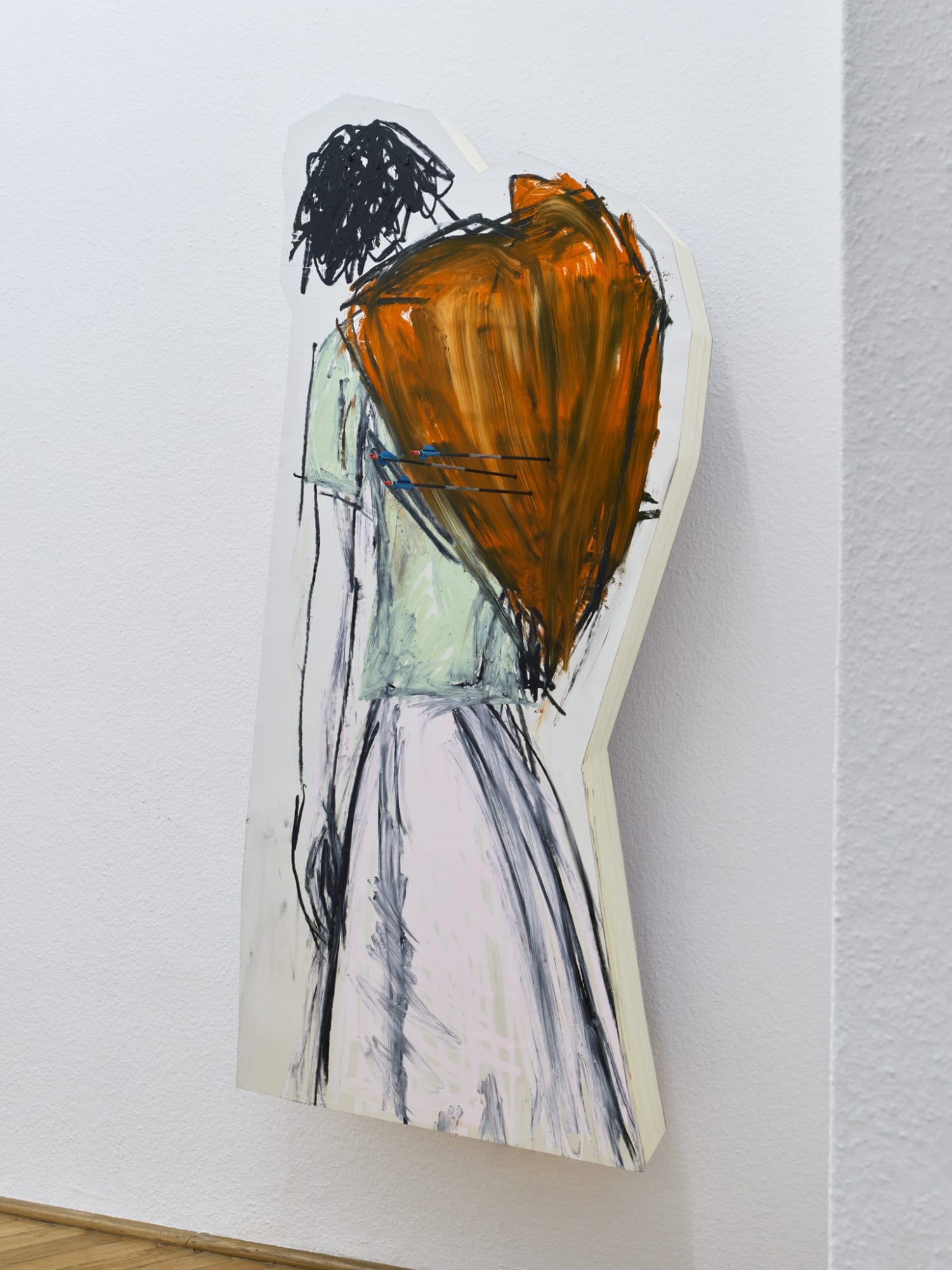 SAGG Napoli & Stefania Batoeva Drama III, 2021 Oil paint, leather, Styrodur, foamed PVC, wood, steel 180 x 84 x 33 cm x 70 7/8 x 33 1/8 x 13 in + arrows (SGSB04)