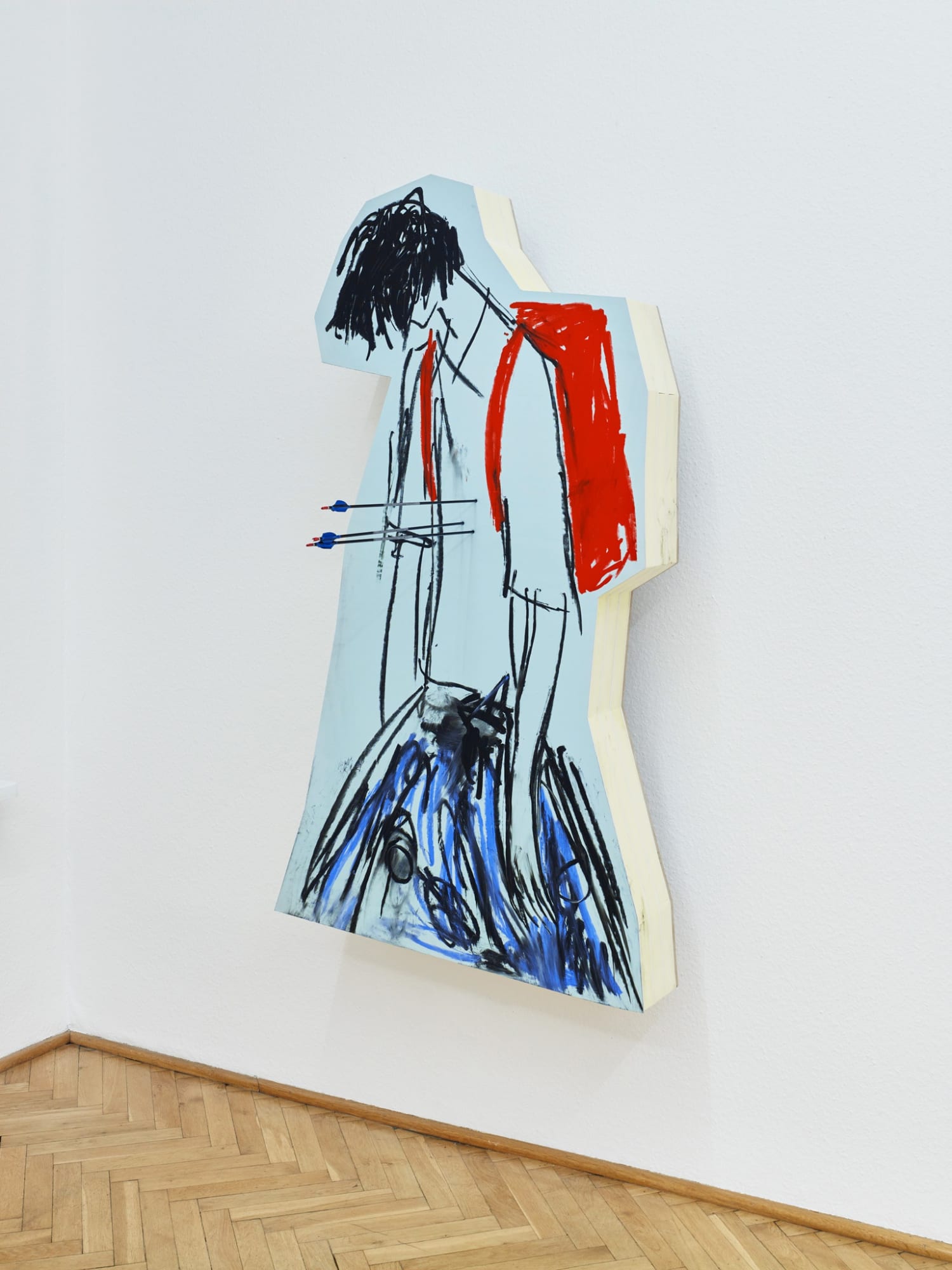 SAGG Napoli & Stefania Batoeva Drama IX, 2021 Oil paint, leather, Styrodur, foamed PVC, wood, steel 166 x 90 x 33 cm | 65 3/8 x 35 3/8 x 13 in + arrow