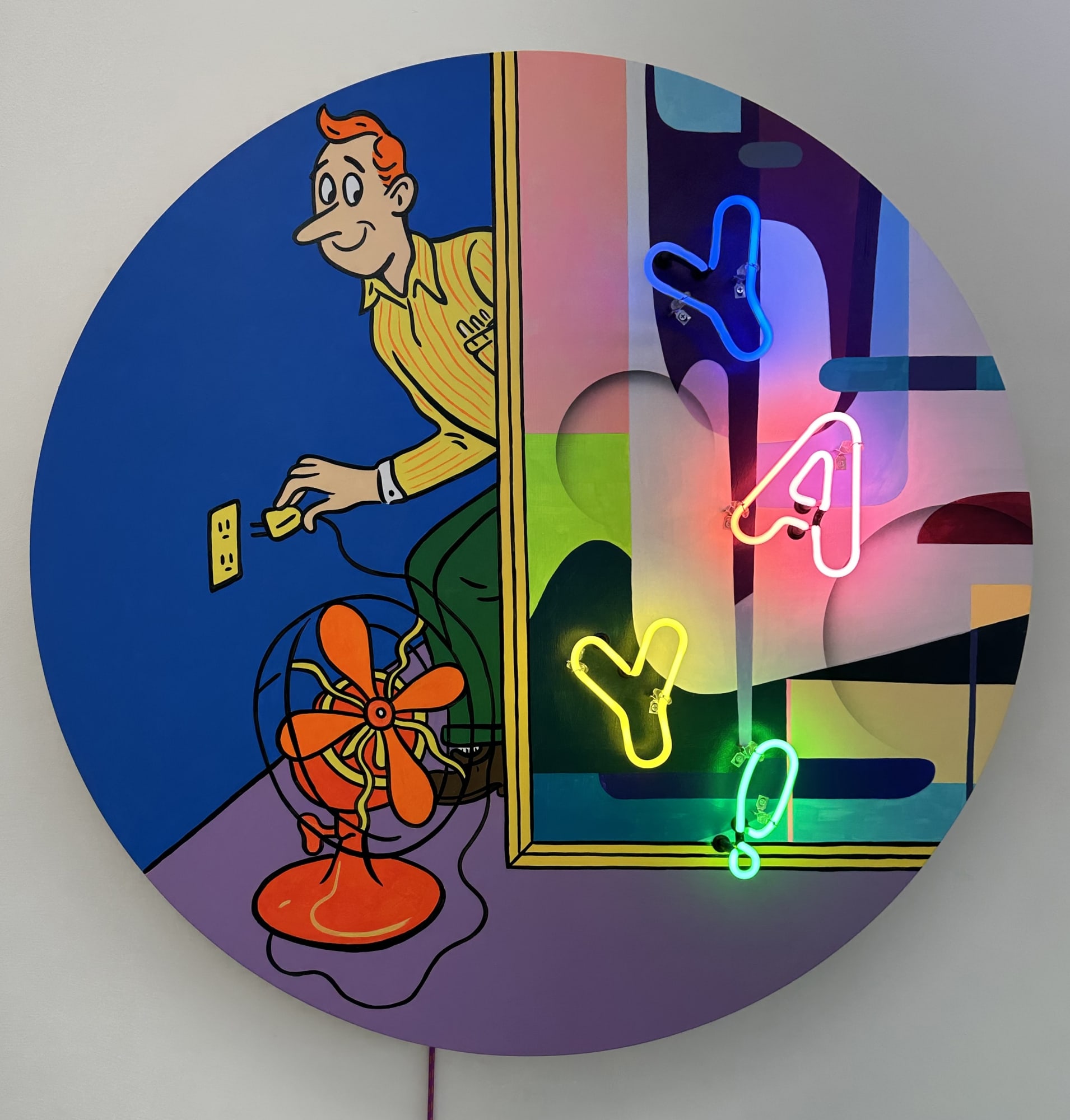 painting of a cartoon image and neon lettering