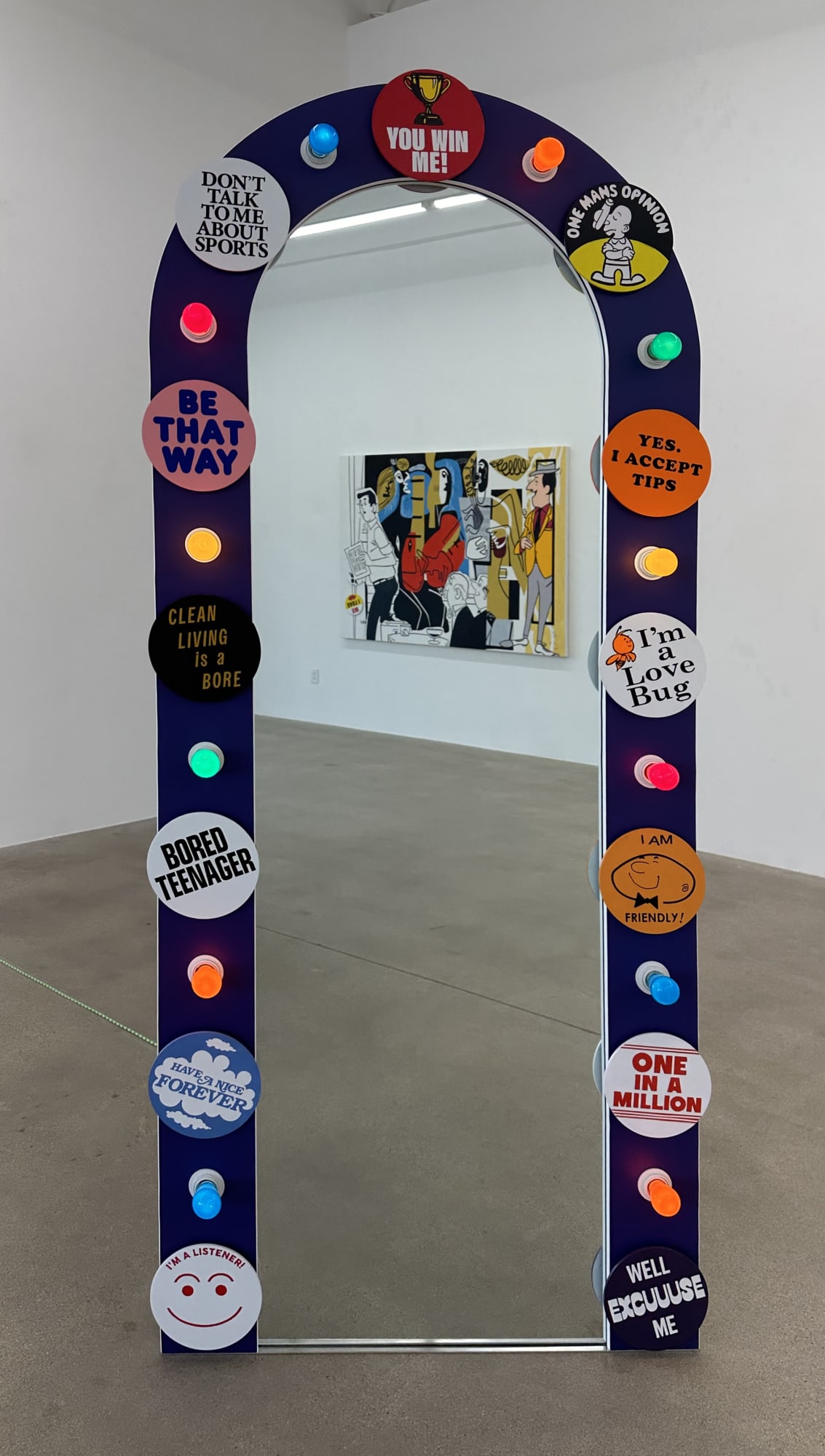 painting of a cartoon image and a mirror with thought bubbles