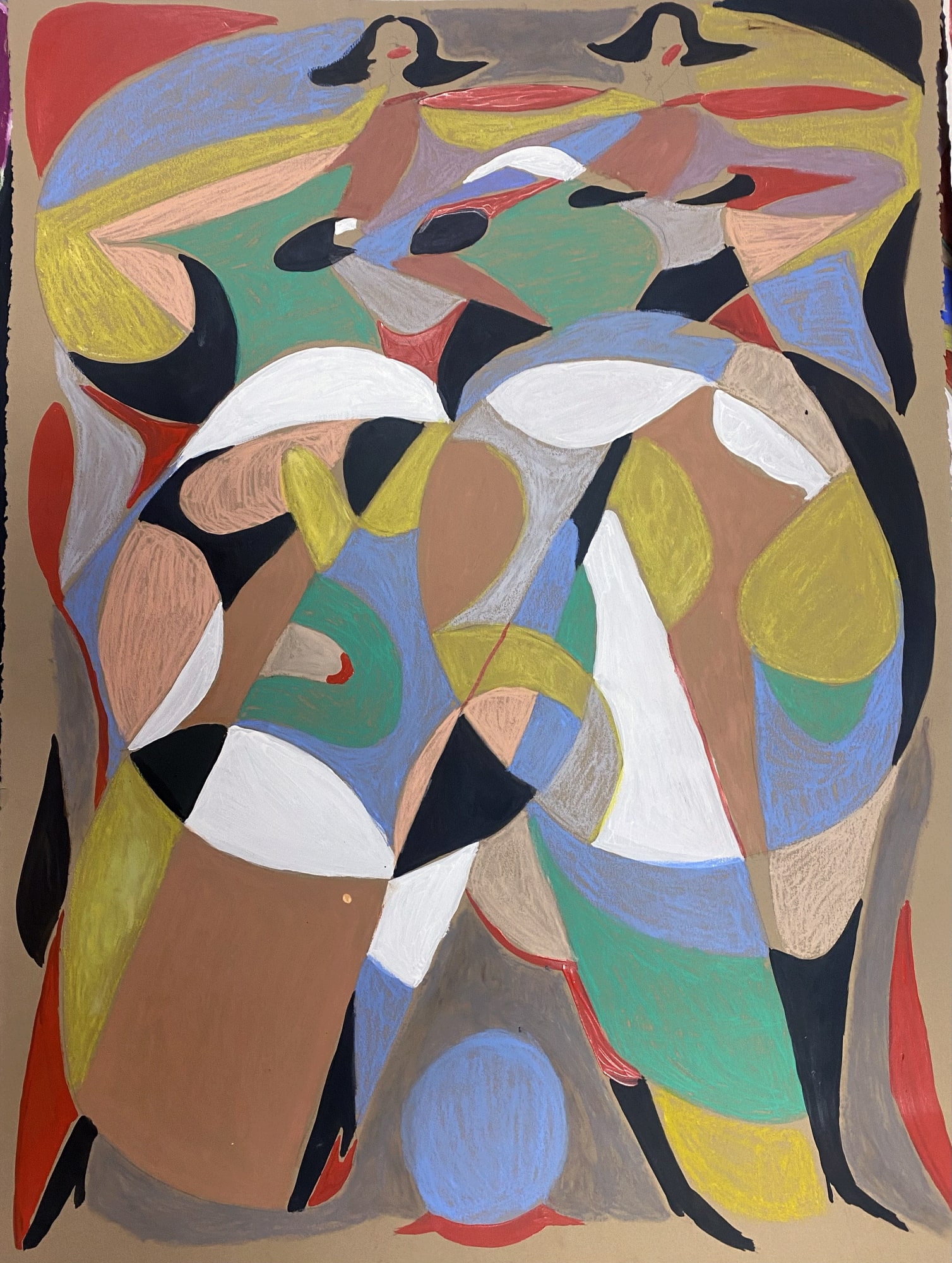 painting on paper of colored abstract fields and figurative elements