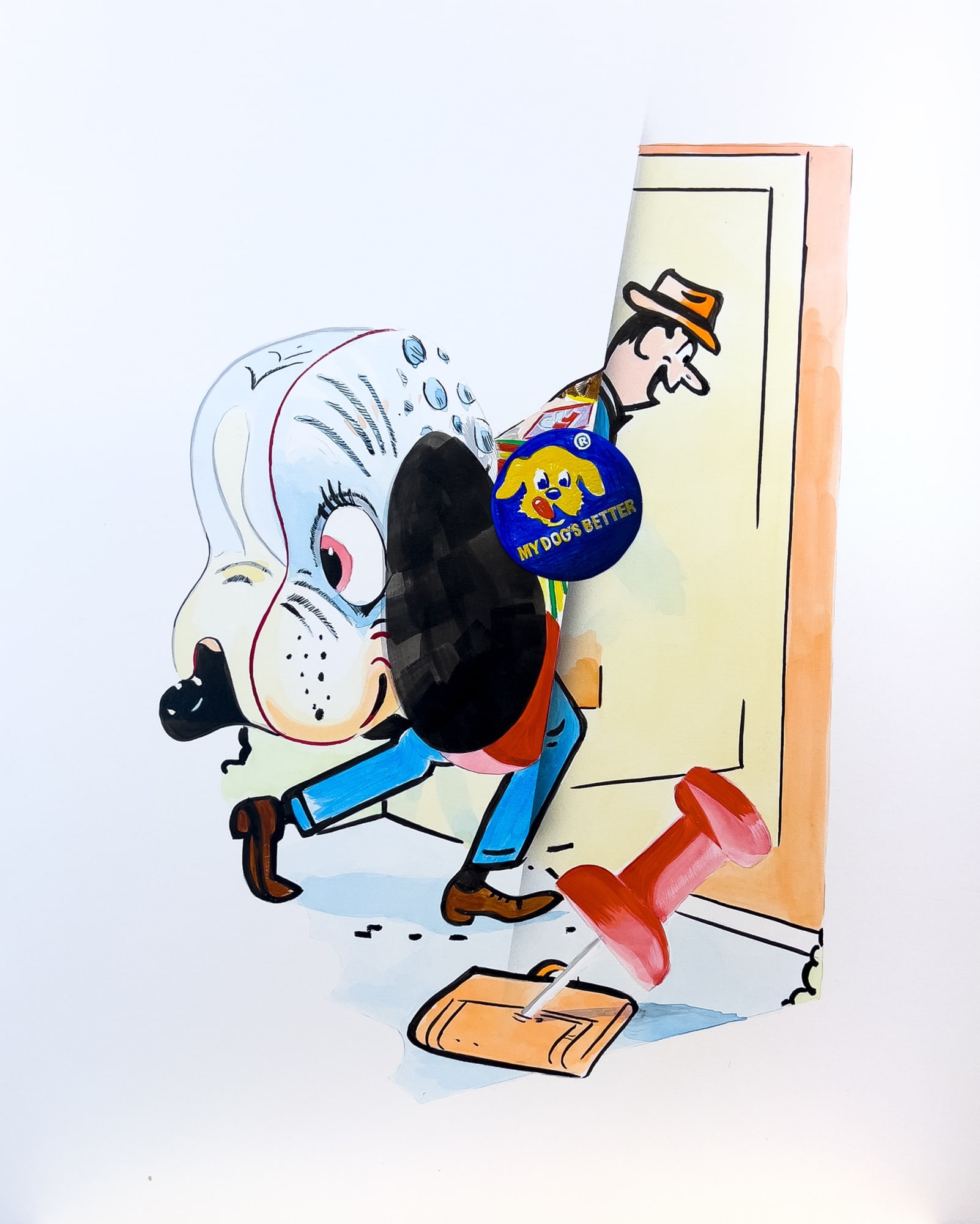 male cartoon walking in door with dog