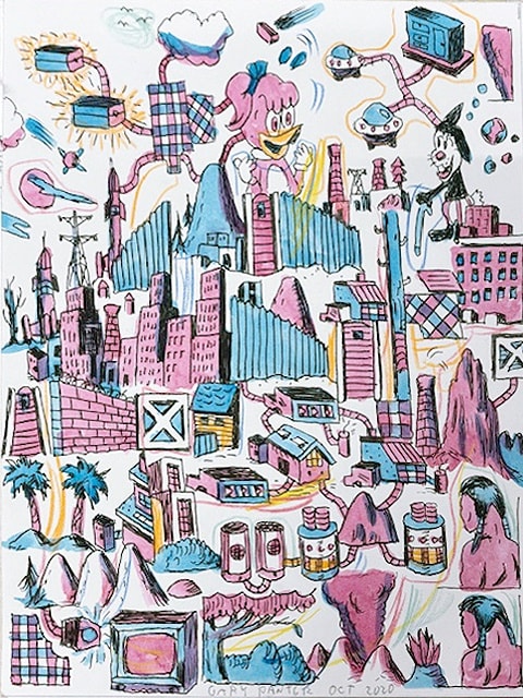 doodles of figures and scenes in all over composition