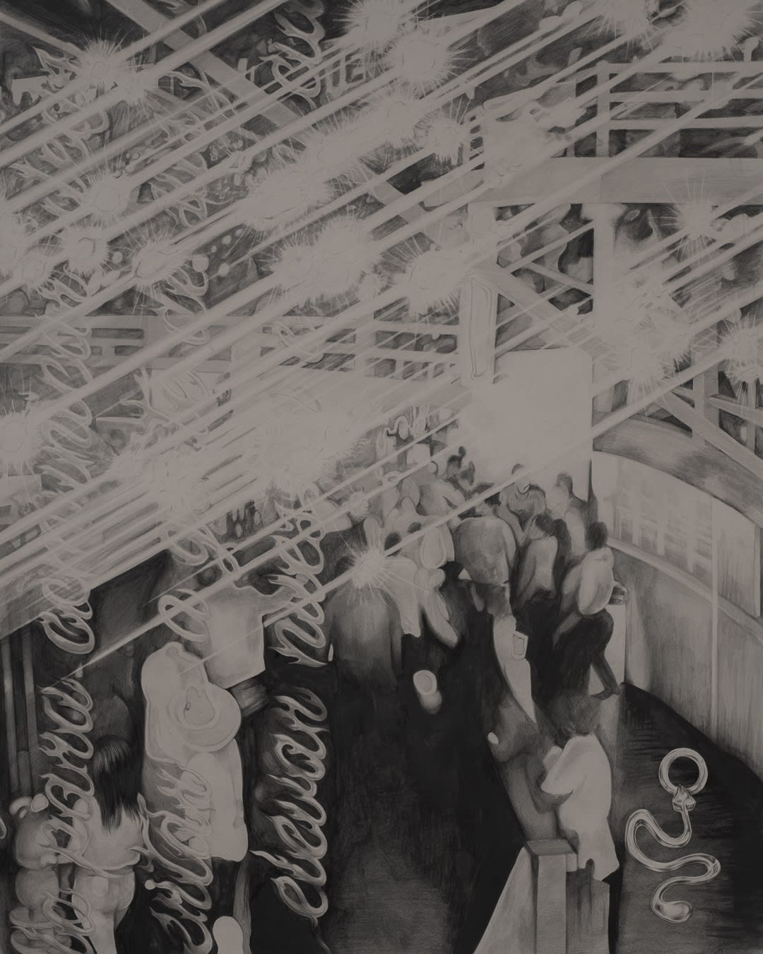 surreal image of figures drawn on panel