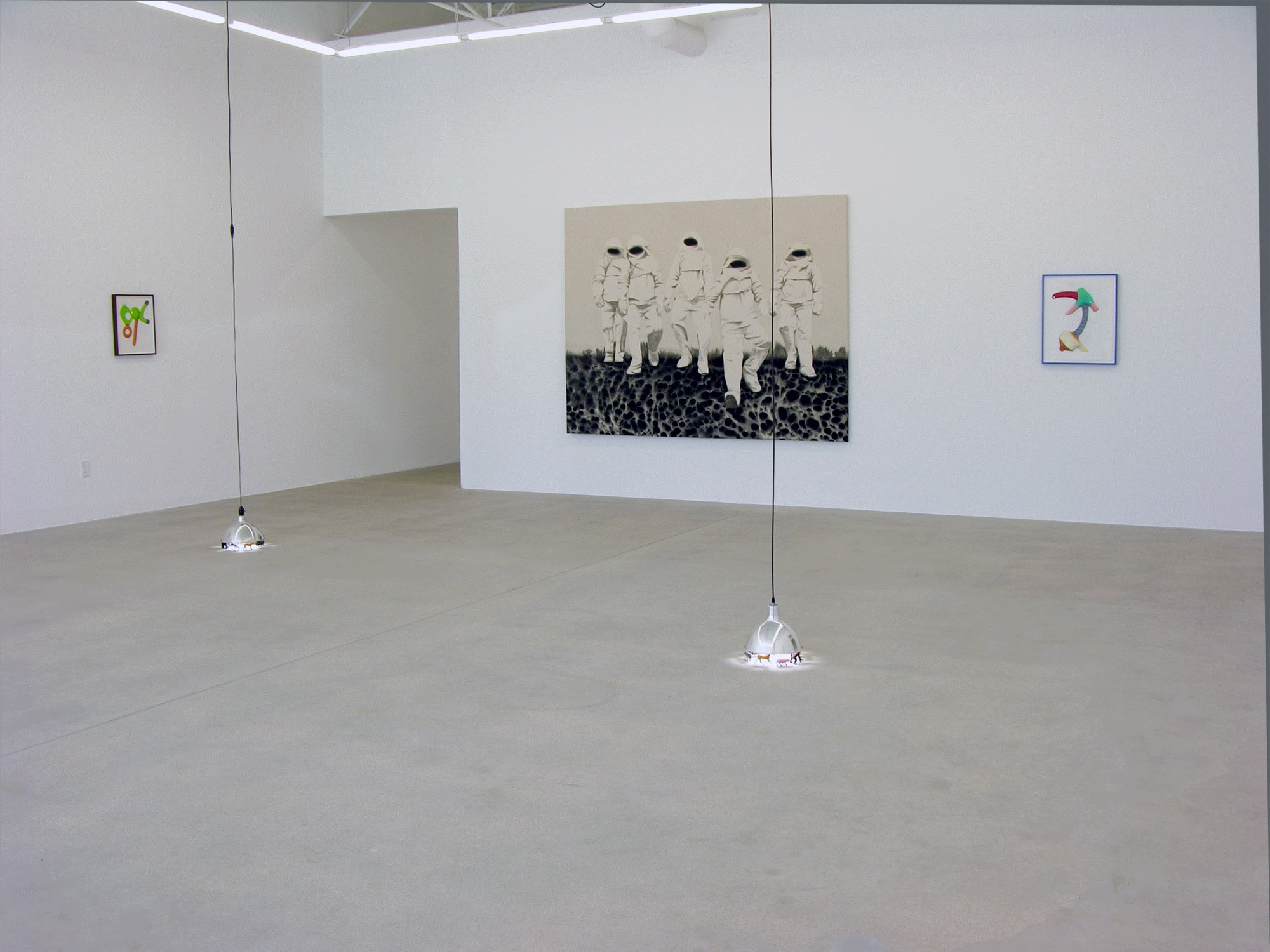 Installation view of Murmur, two works on the wall and a lamp sculpture on the front end.