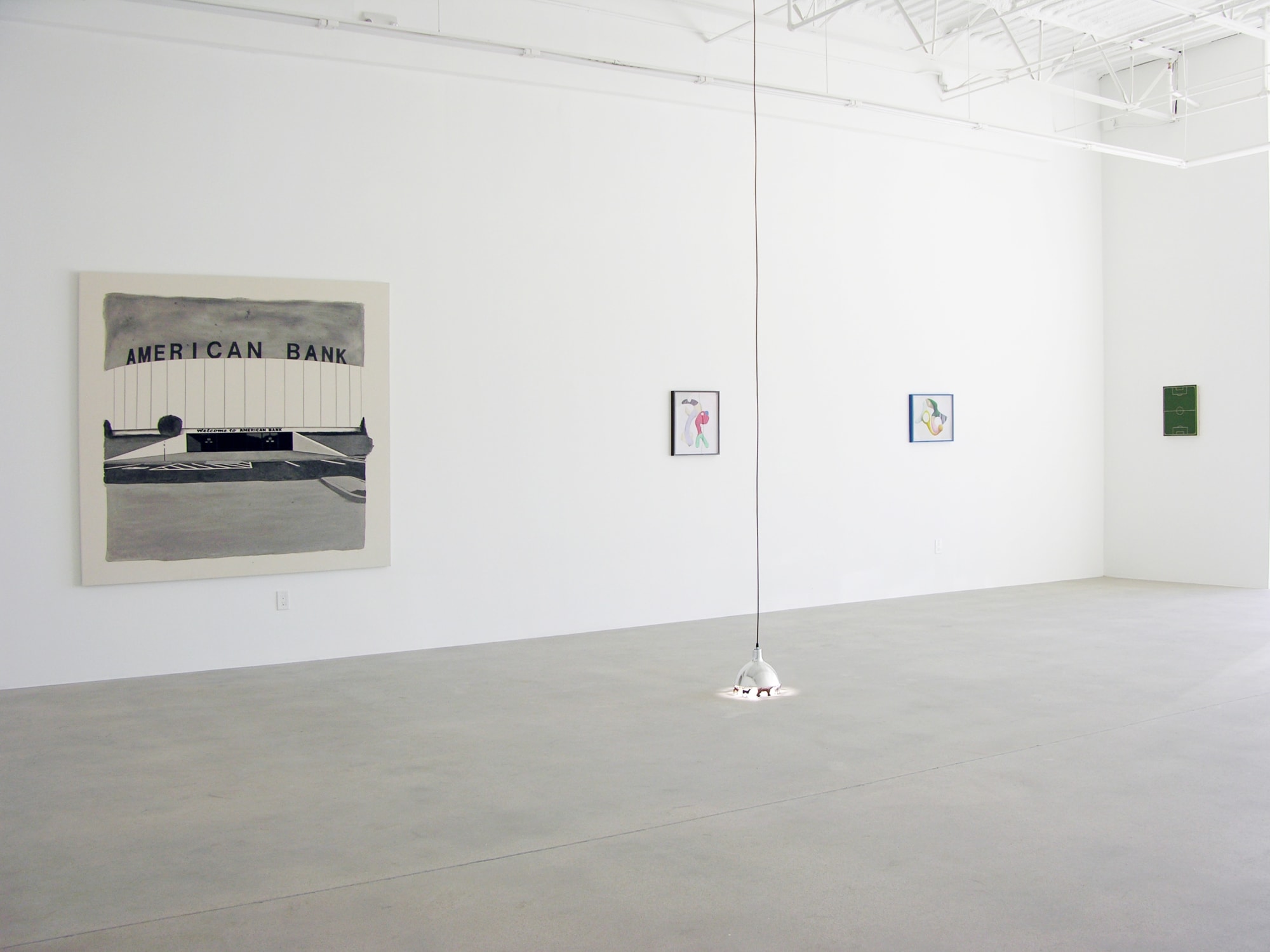 Installation view of Murmur, three works on the wall and a lamp sculpture on the front end.