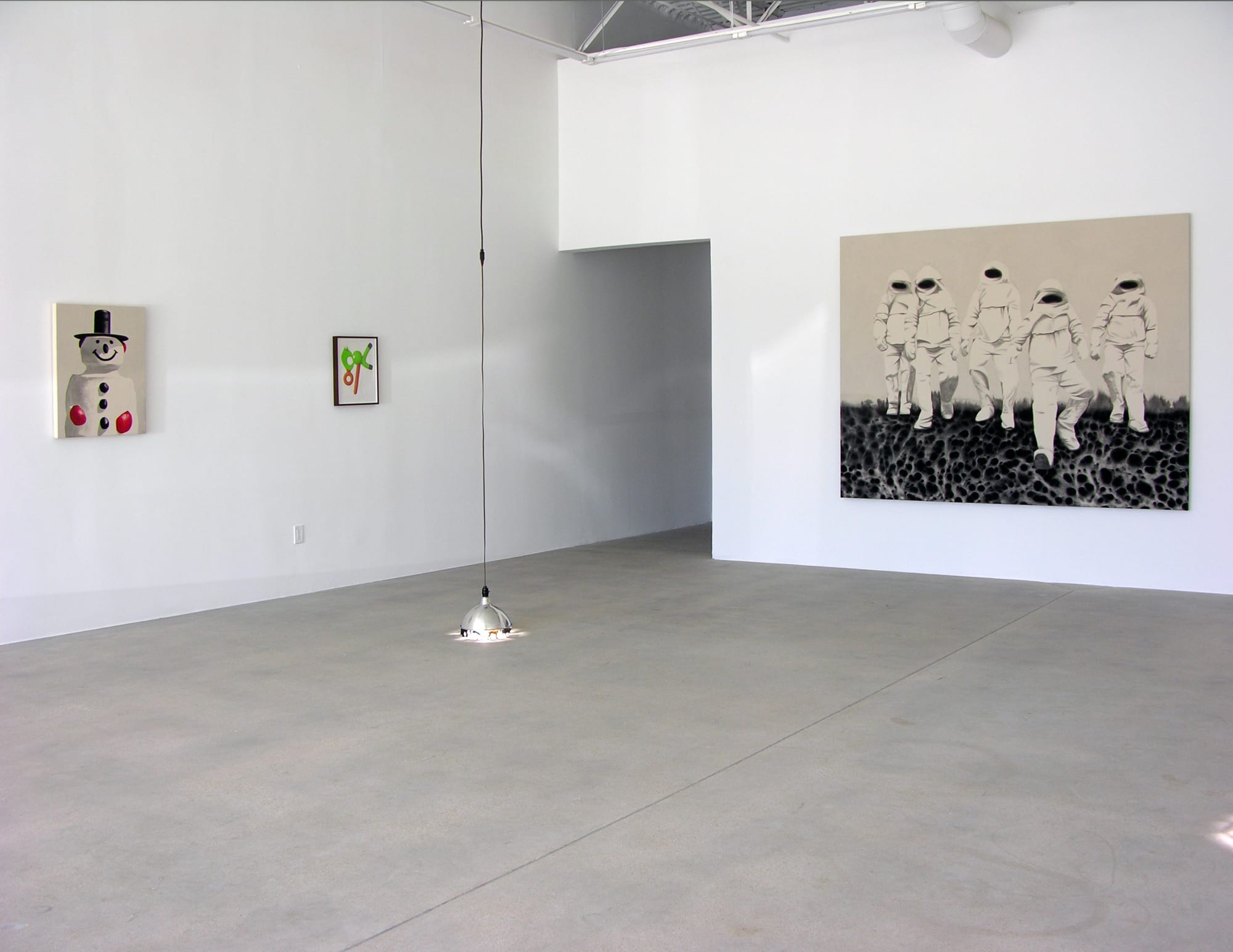 Installation view of Murmur, three works on the wall and a lamp sculpture on the front end.