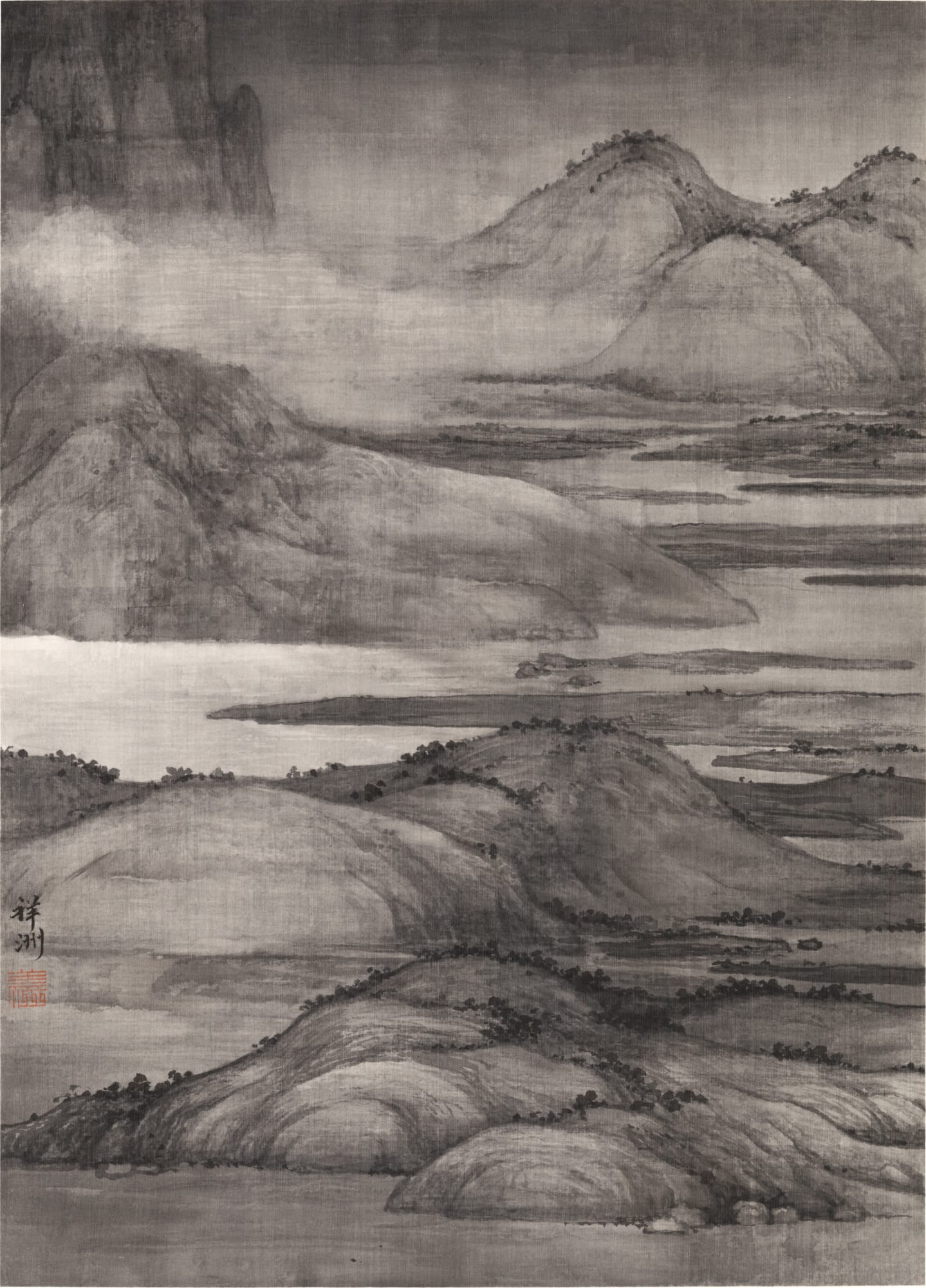 black and white sketch of clouds and mountains.