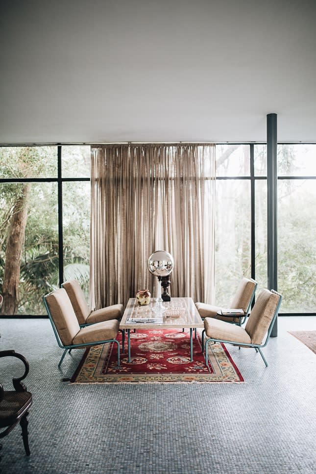 The Glass House, furnished with pieces designed by Lina Bo Bardi. Photo: Jules Villbrandt, 2019