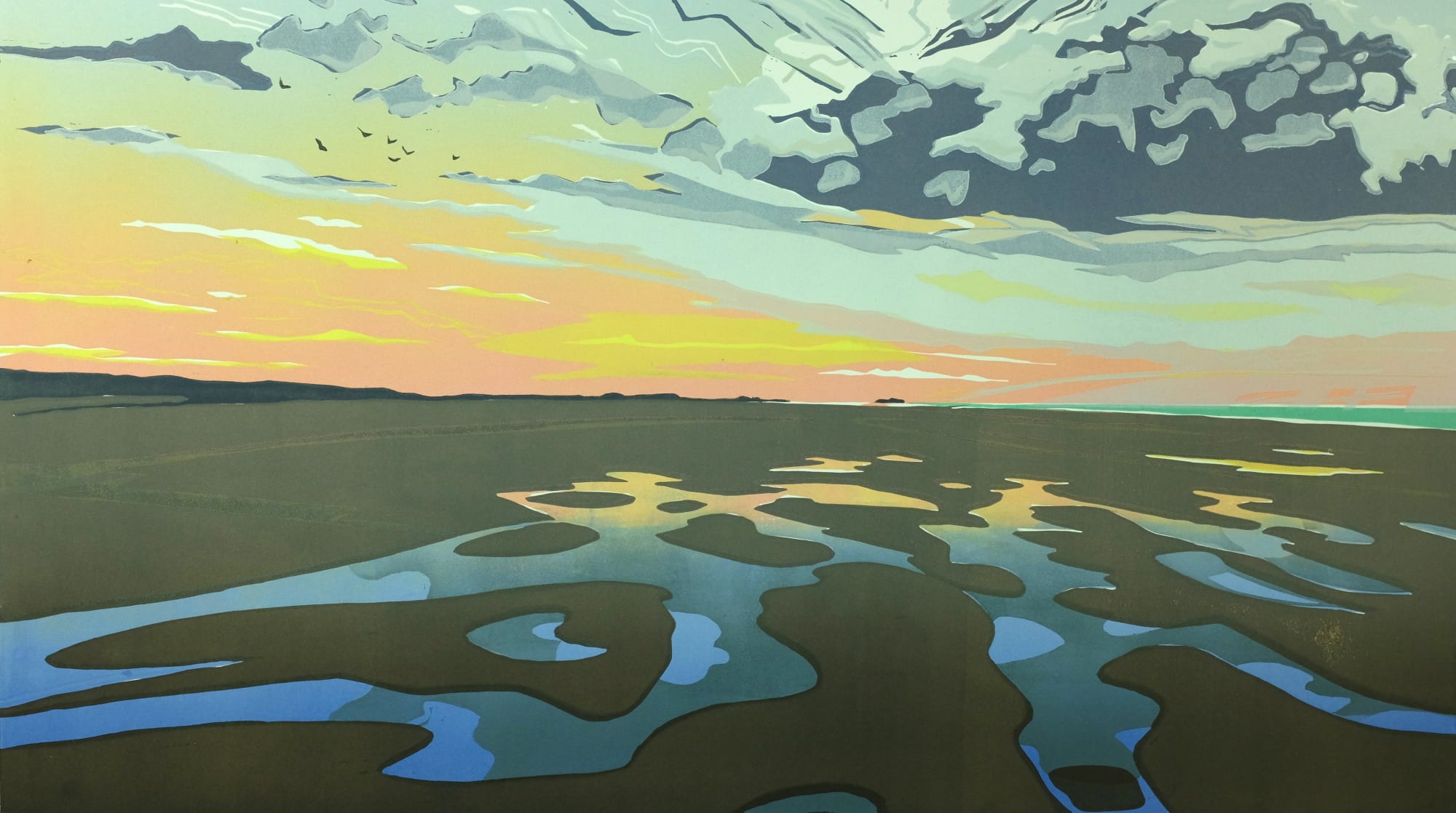 Holkham Tide Pools by Colin Moore Linocut