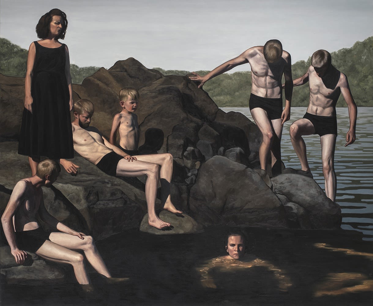 François Malingrëy, Les silencieux, Au bord de l'eau, huile sur toile, 165 x 200 cm
