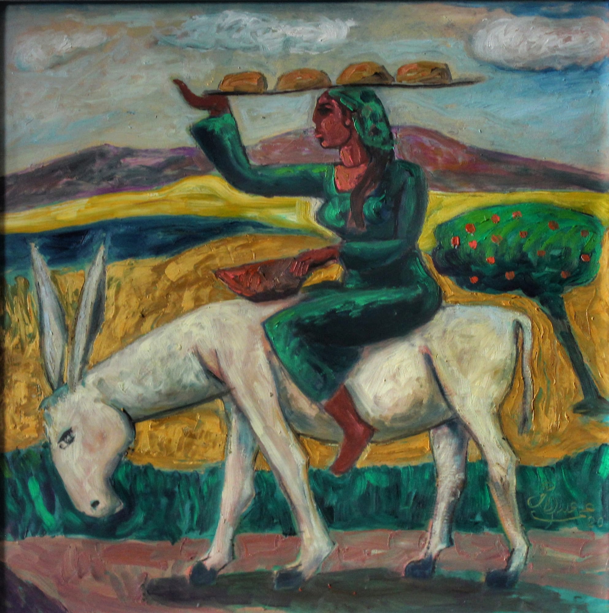 Omar Abdel Zaher Fellaha on Mule, 2020 oil on wood 50 x 50cm, signed & dated
