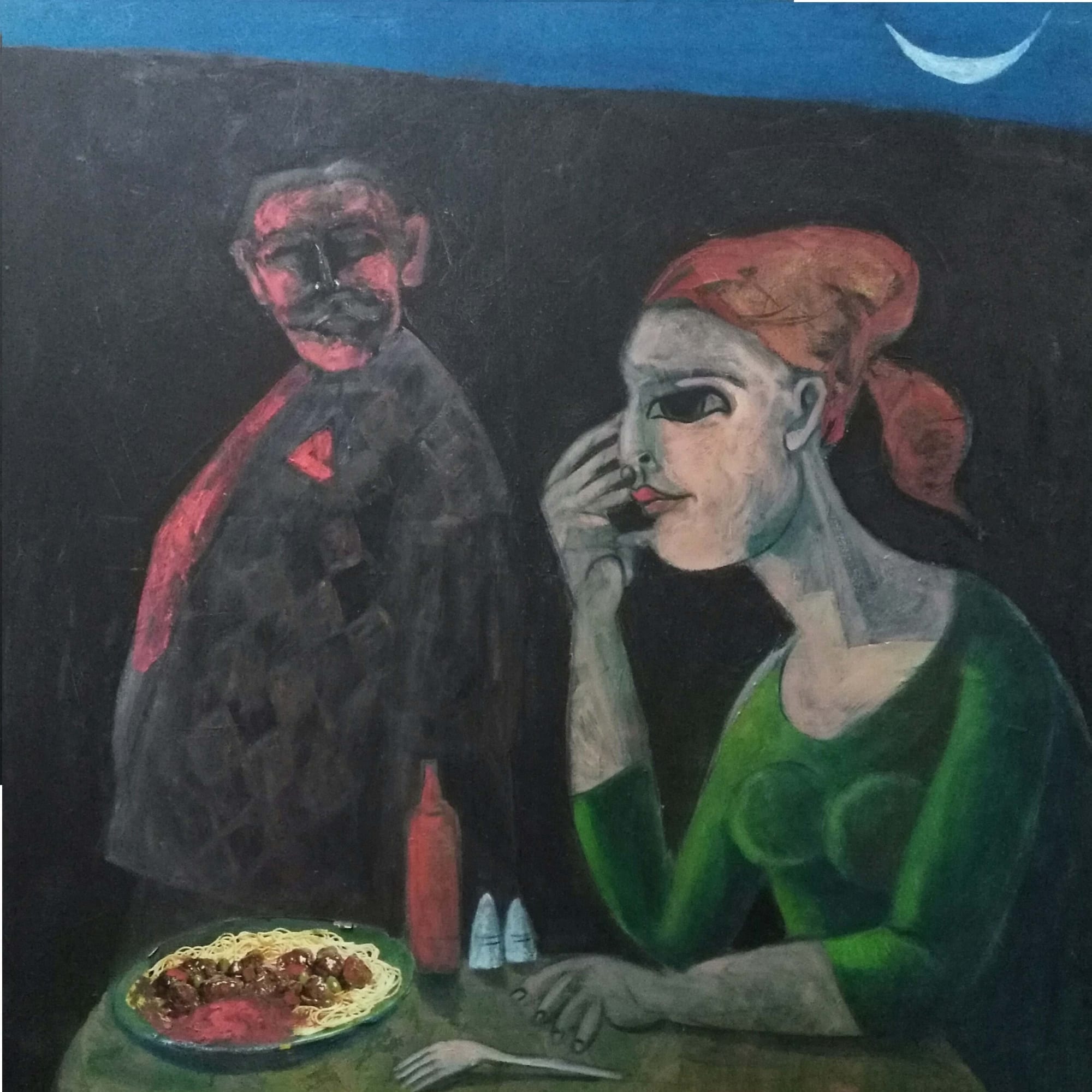 Omar Abdel Zaher Solitary Dinner, 2019 oil on canvas 100 x 100cm, signed & dated