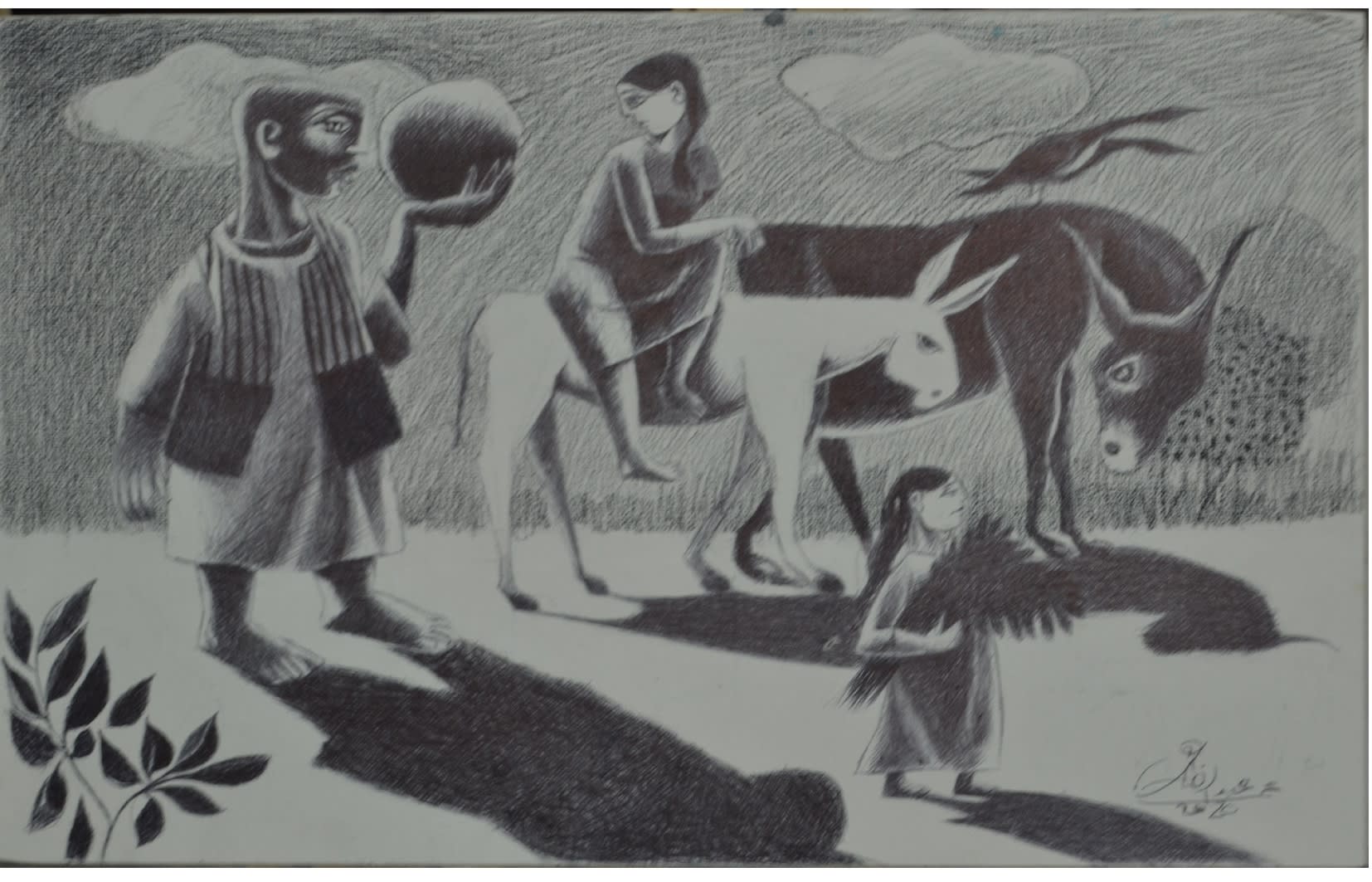 Omar Abdel Zaher Watermelon Vendor with Mules, 2020 pencil on paper 30 x 40cm, signed & dated