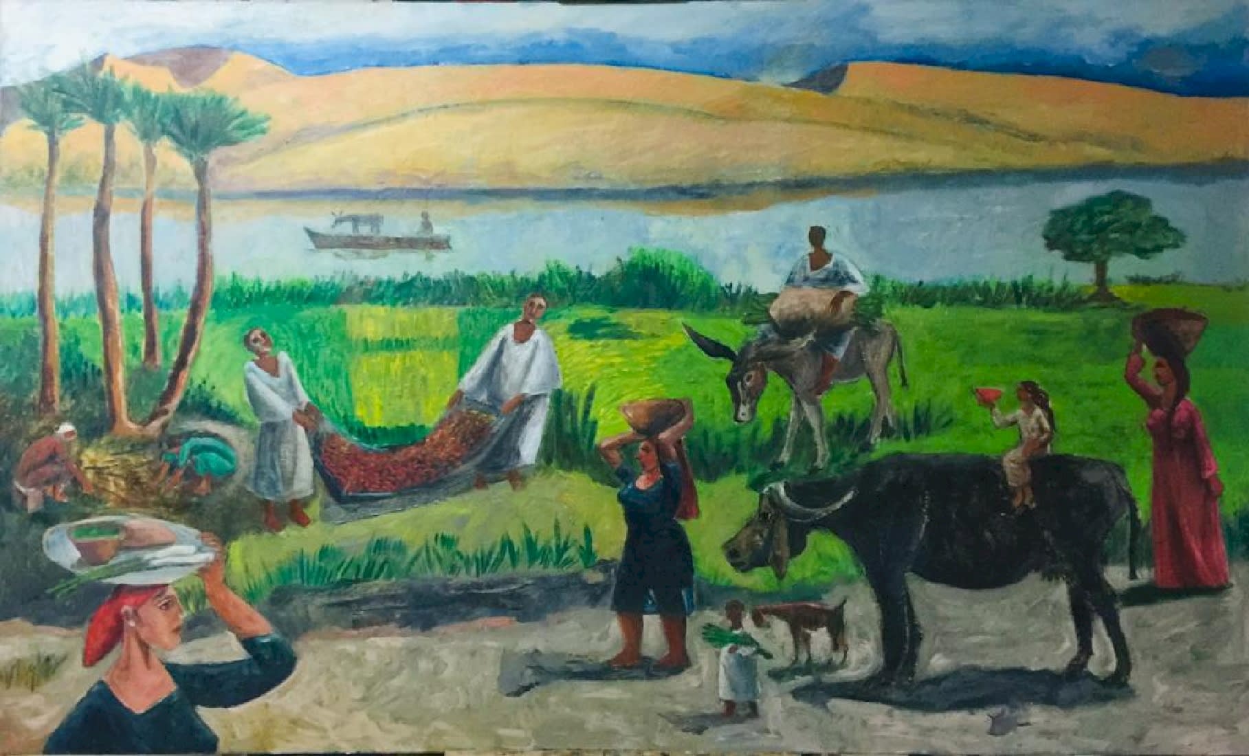 Omar Abdel Zaher Harvest by the Nile, 2021 oil on canvas 200 x 100cm, signed & dated