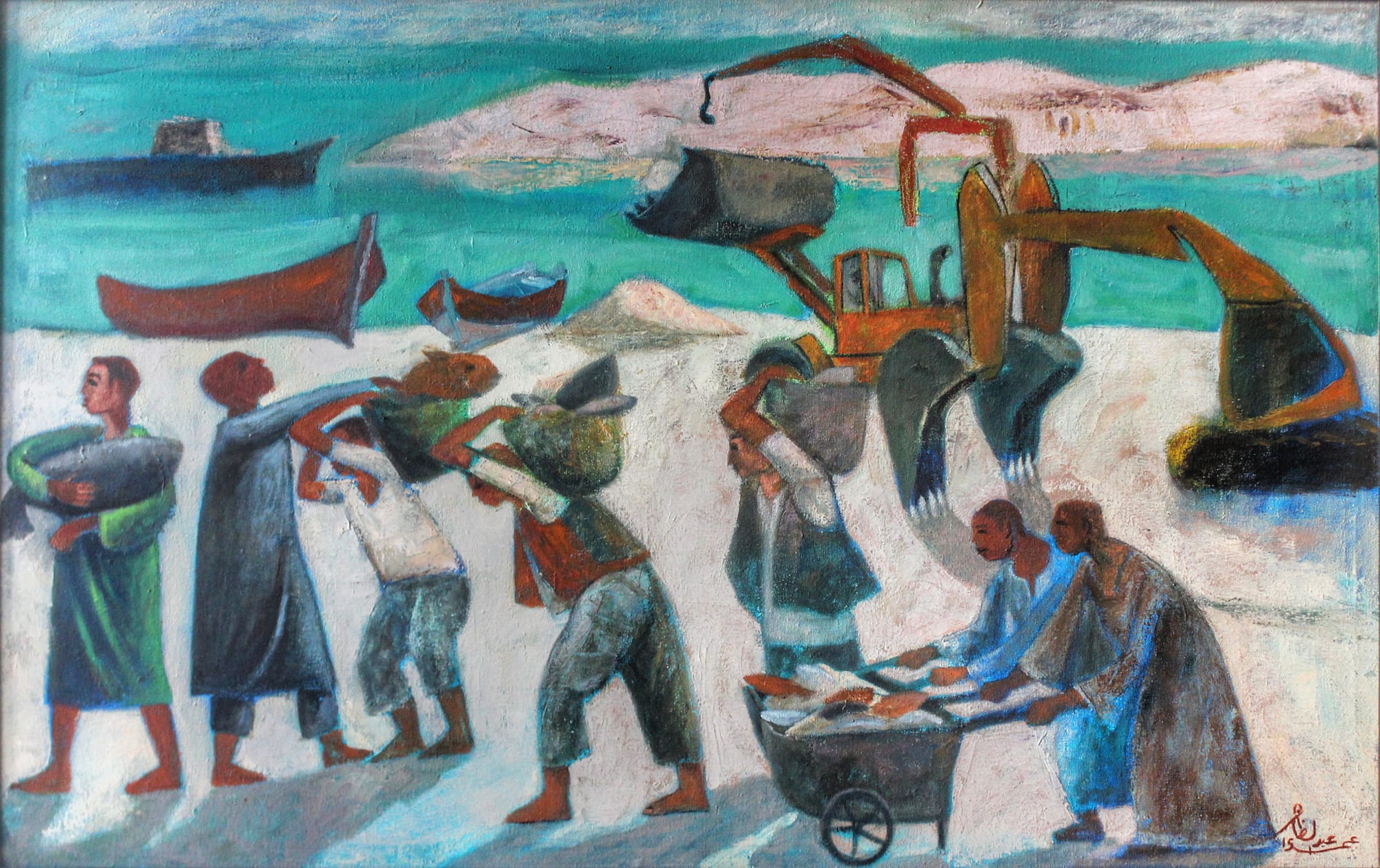 Omar Abdel Zaher Quarry Fisherman, 2015 oil on canvas 140 x 100cm, signed & dated