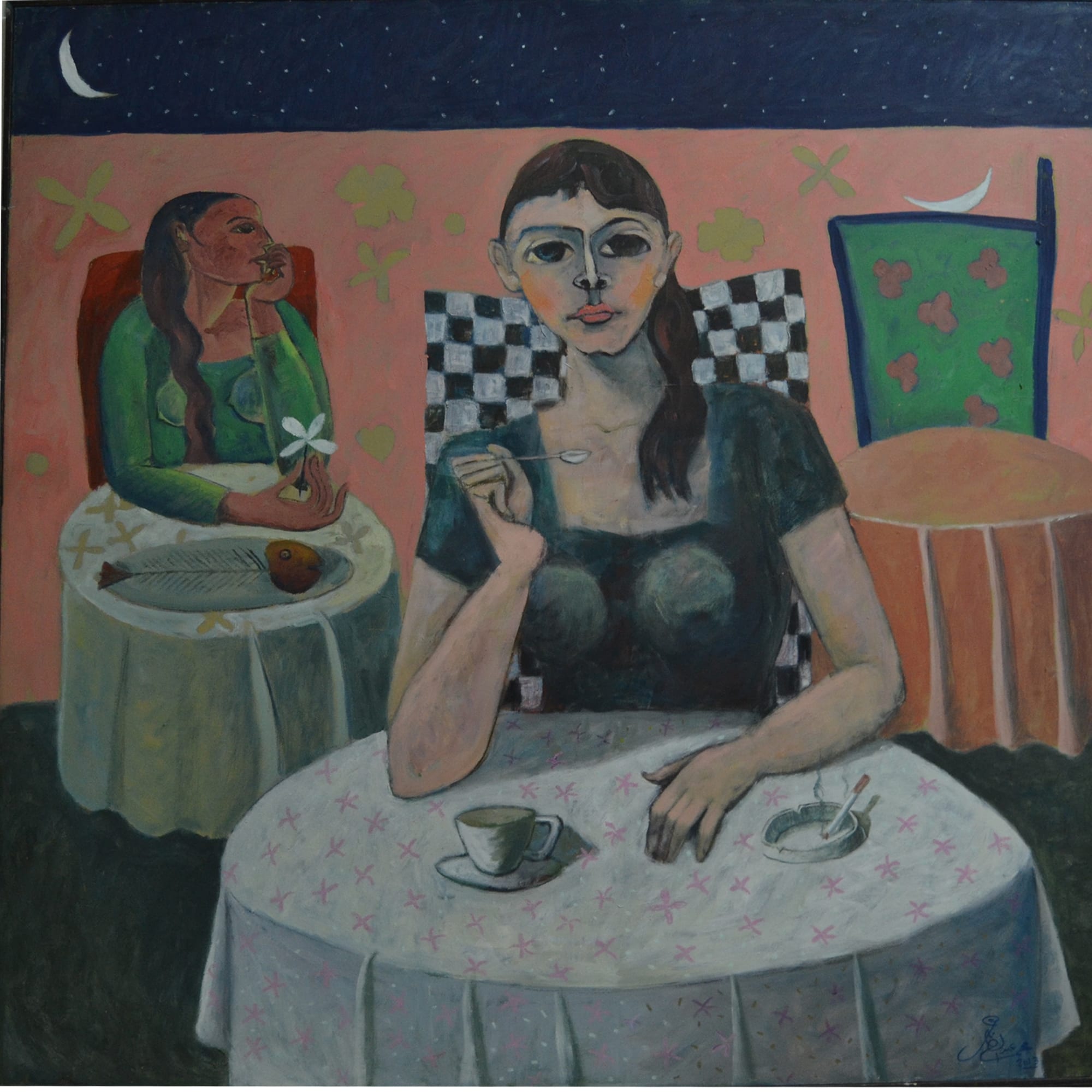 Omar Abdel Zaher Date for One, 2012 oil on canvas 120 x 120cm, signed & dated