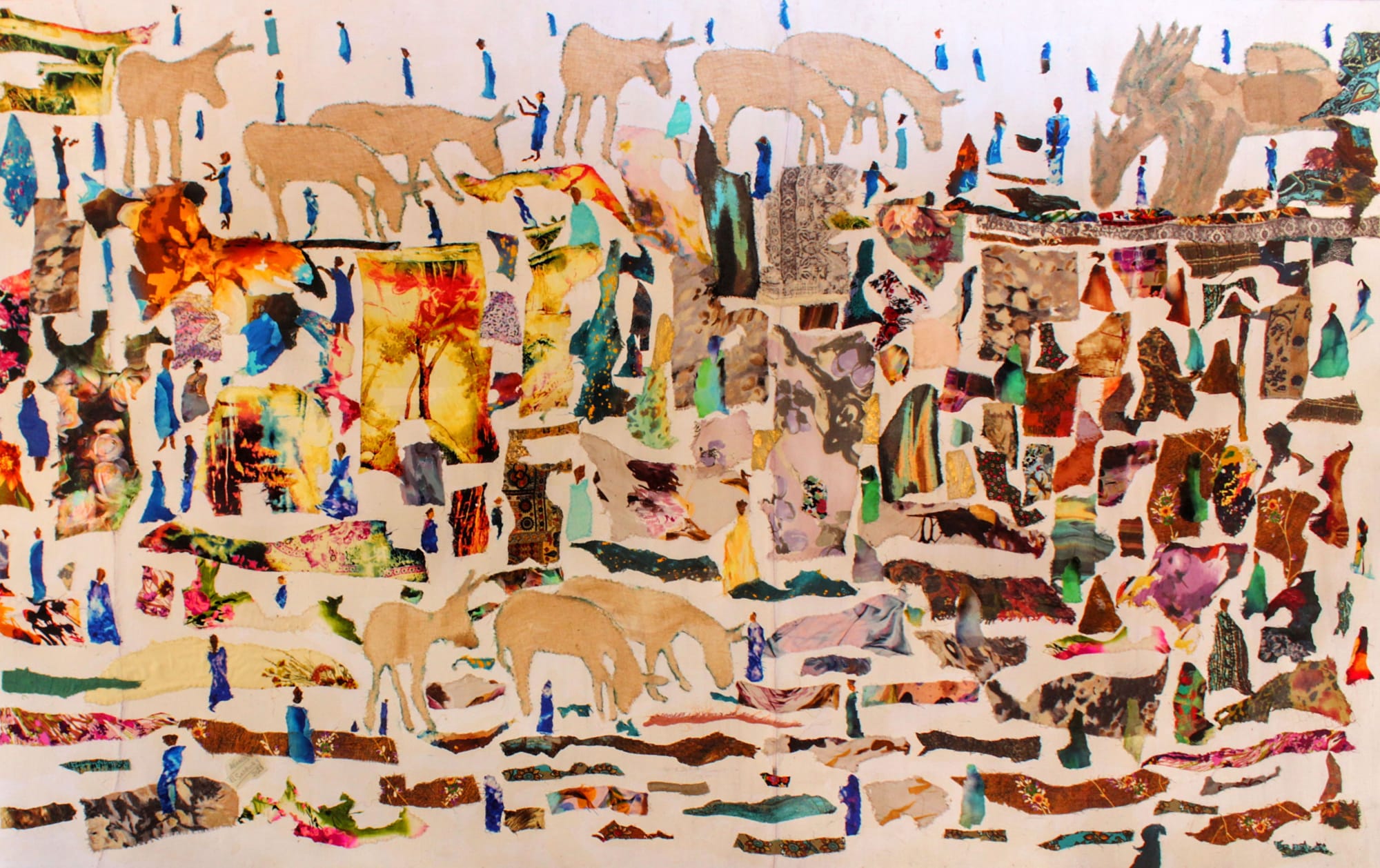 Neama El Sanhoury The Story of Agriculture I, 2021 fabric collage on cotton mesh 120 x 190cm, signed & dated