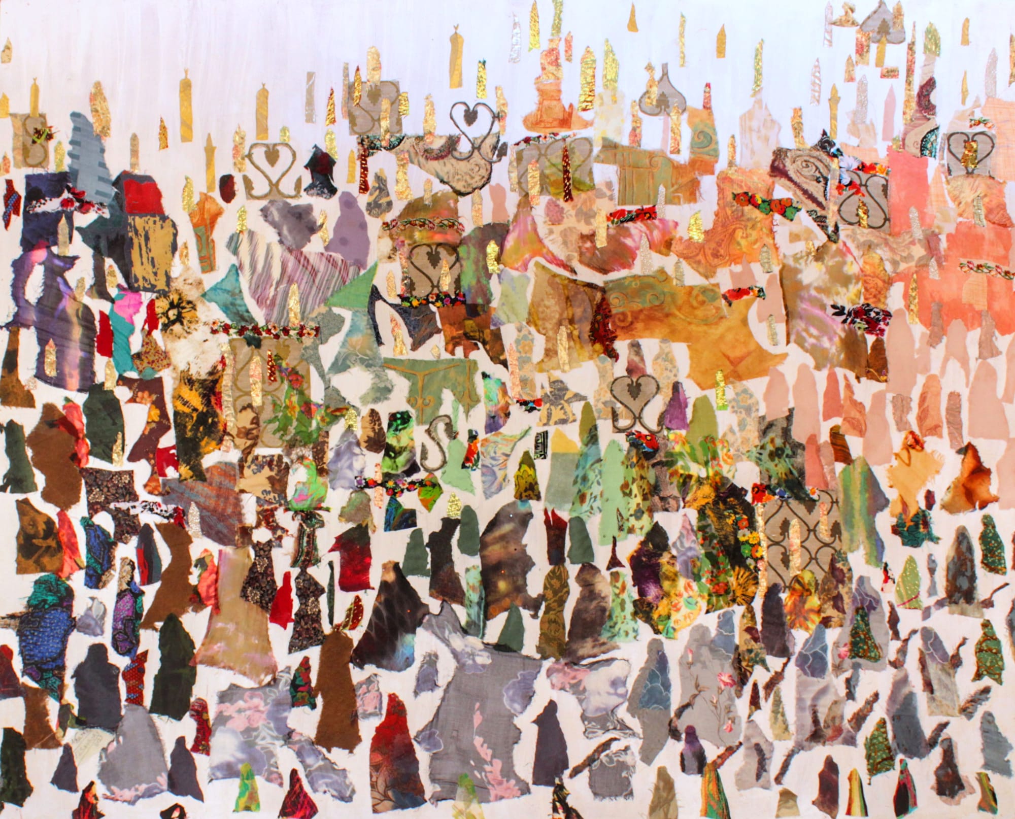 Neama El Sanhoury Fabric of Society I, 2021 fabric collage on cotton mesh on wood 120 x 150cm, signed & dated