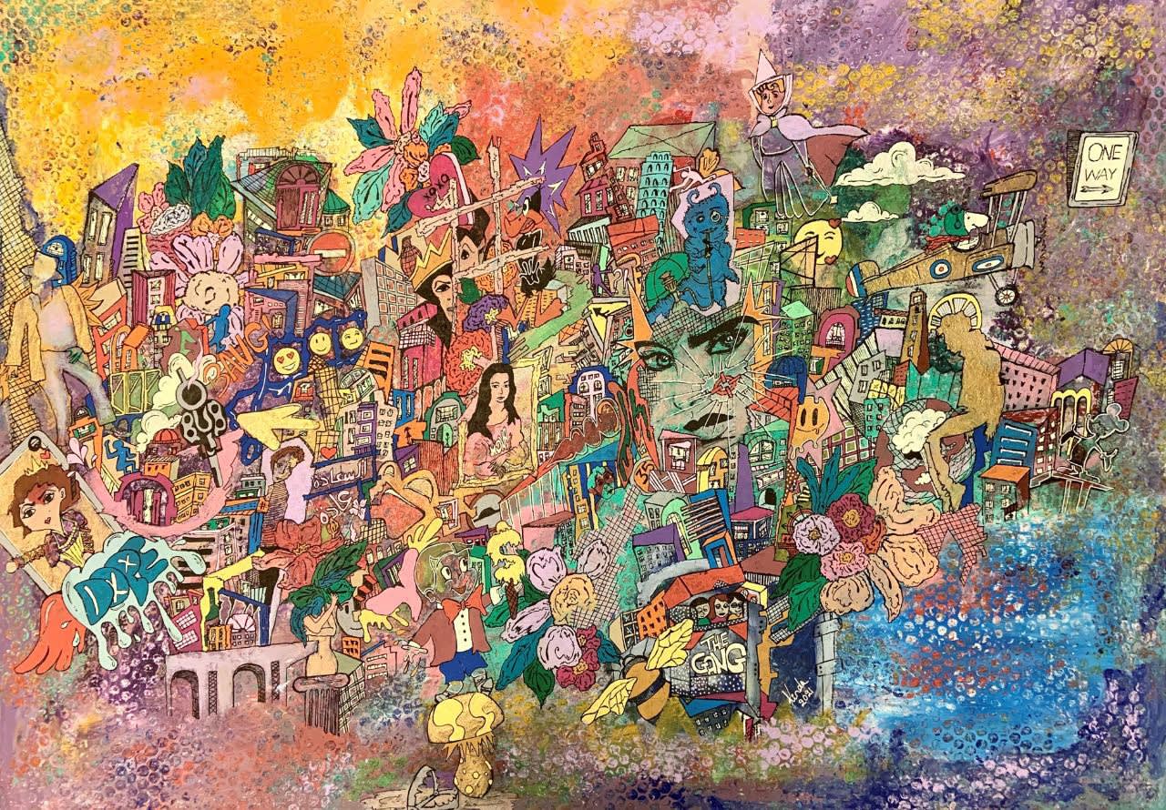 Kinda Adly Honeycomb, 2021 acrylic & ink on canvas 70 x 100cm, signed & dated