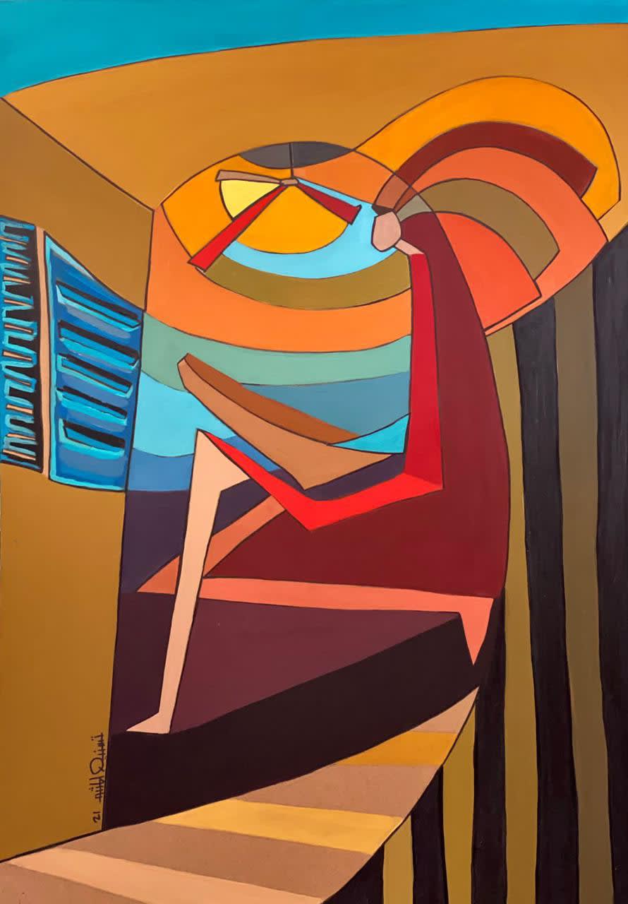 Tasneem El Meshad The Early Riser, 2021 acrylic and oil on wood 100 x 70 cm, signed & dated