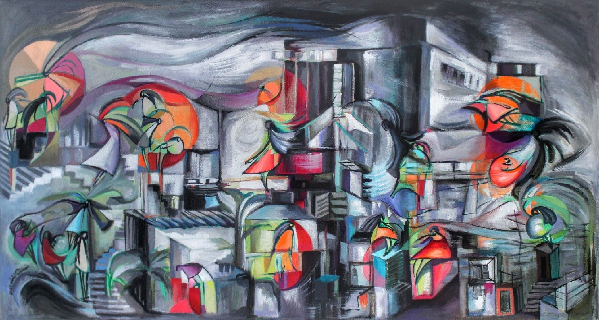 Tasneem El Meshad Flares of Hope, 2021 acrylic on wood 70 x 130cm, signed & dated