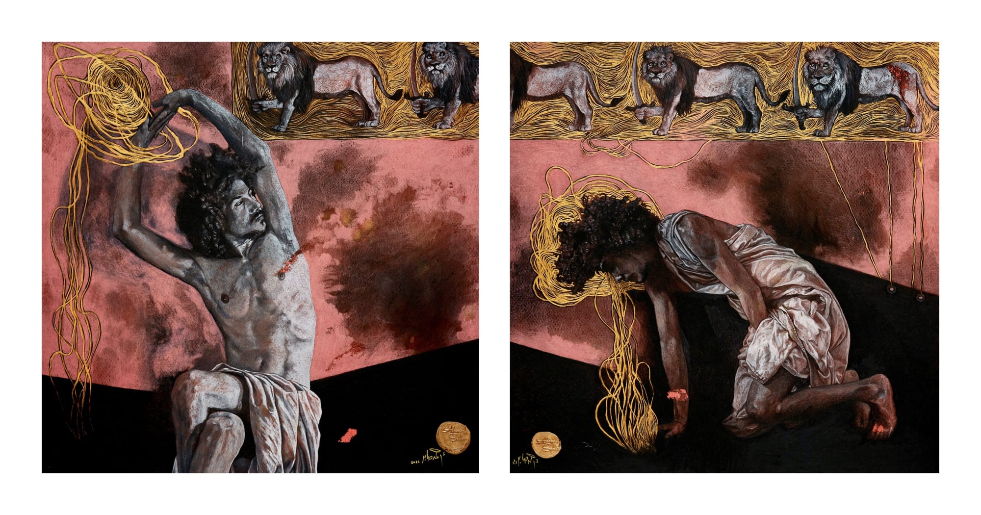 Ahmed Saber Lionheart, 2021 coloured pencil & gold leaf on paper 38 x 38cm (each), signed & dated