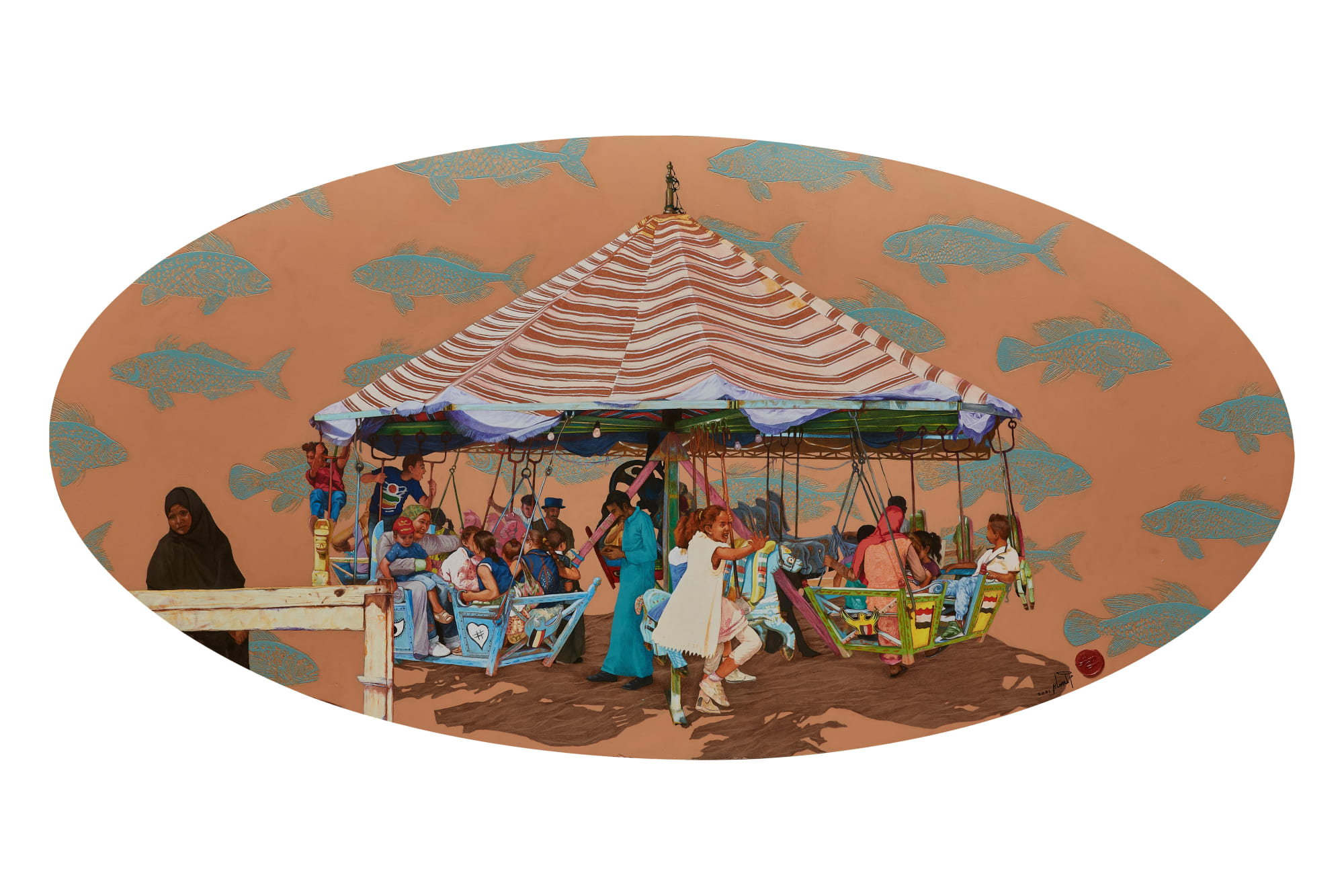 Ahmed Saber Al Moulid II, 2021 acrylic & woodcut on wood 120 x 60cm, signed & dated