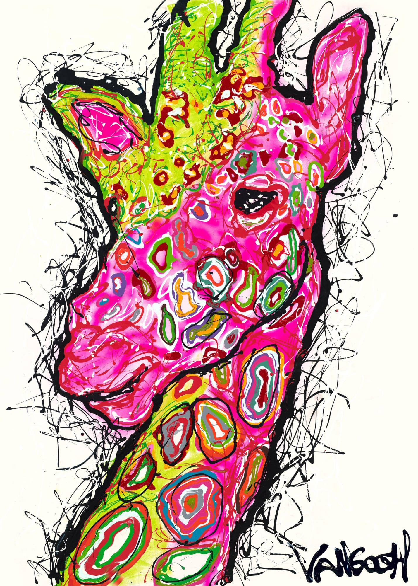 Title: Uptown Funk Giraffe- 'The Revenant' Giclee Print Materials: Hahnemuhle German Etching paper 310 grams Hand Cut Size: 85 cm x 60 cm / 33 1/2 x 23 5/8 in Edition: 1 - 250 Hand Signed And Numbered by Lieuwe Van Gogh Year: 2022 Price: € 300,- incl. VAT / excl. shipping Order here: https://therealvangogh.shop/products/uptown-funk-giraffe-the-revenant