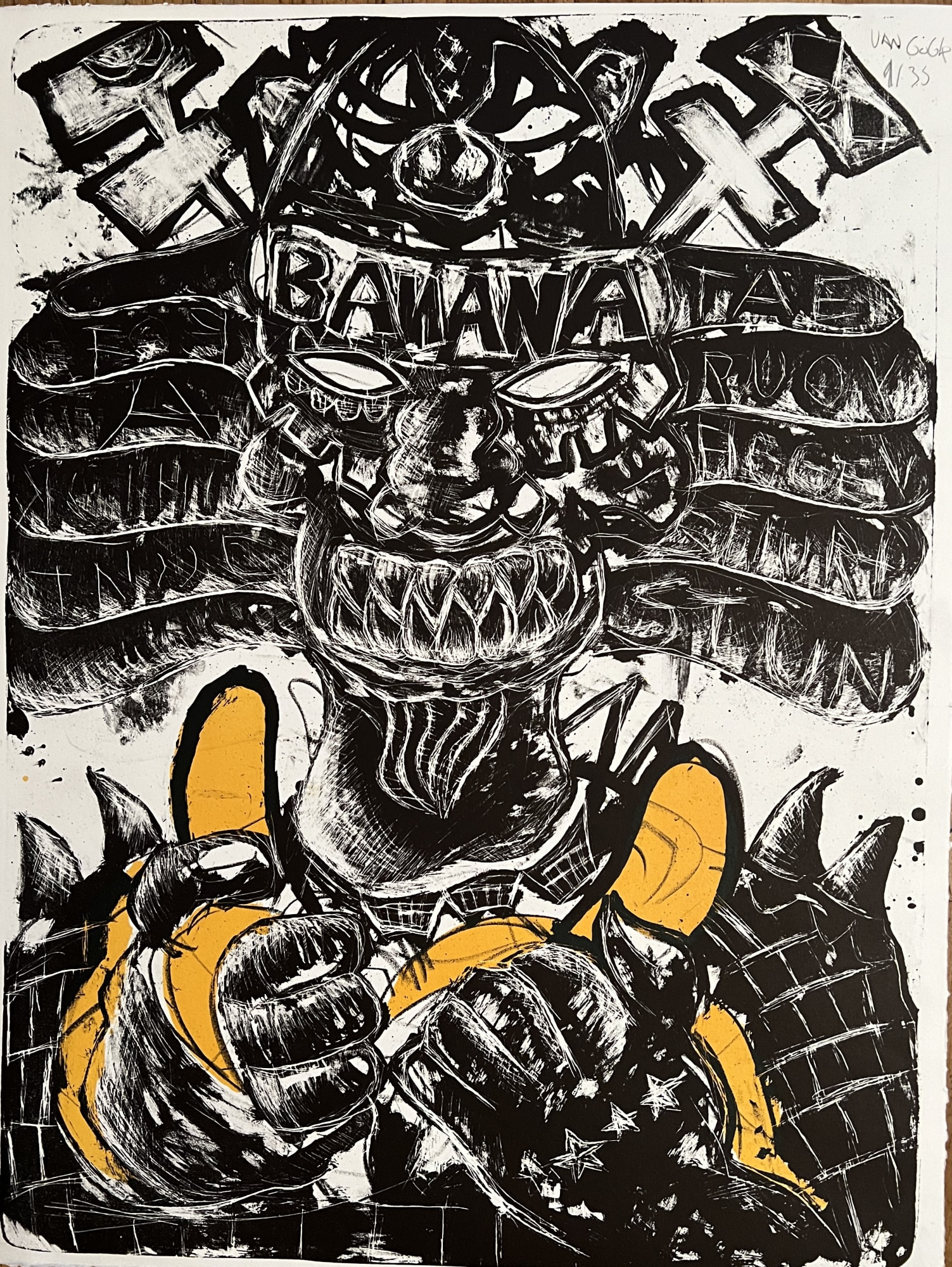 Banana Katana Orginal Lithograph Printed in two print runs Materials: BFK Rives Paper 240 gr Size: 65 cm x 50 cm / 25 5/8 x 19 3/4 in Edition: 1 - 35 Hand Signed And Numbered by Lieuwe Van Gogh Year: 2022 € 337,50 (Taxes included. Shipping calculated at check-out) Order here: https://therealvangogh.shop/products/madonna * This special holiday offer is valid from November 18 until December 02.