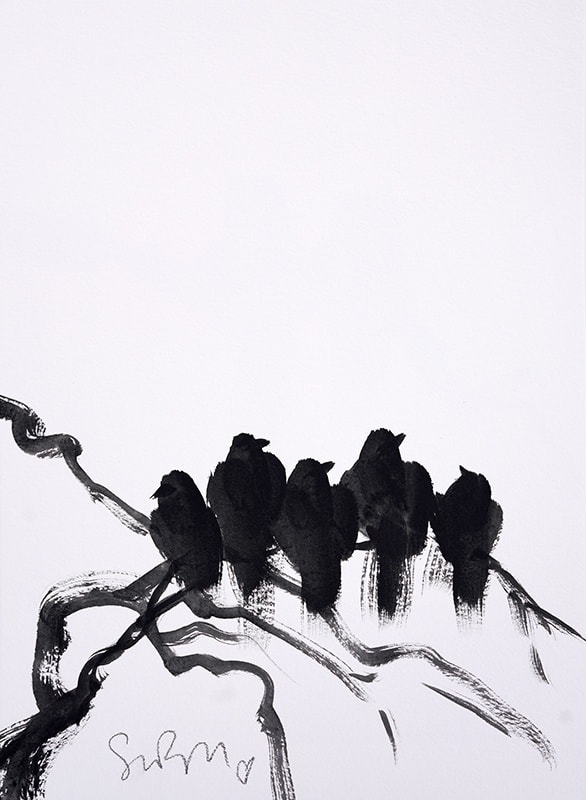 5 Birds on a Branch Acrylic on Paper Simon Bull 15x11