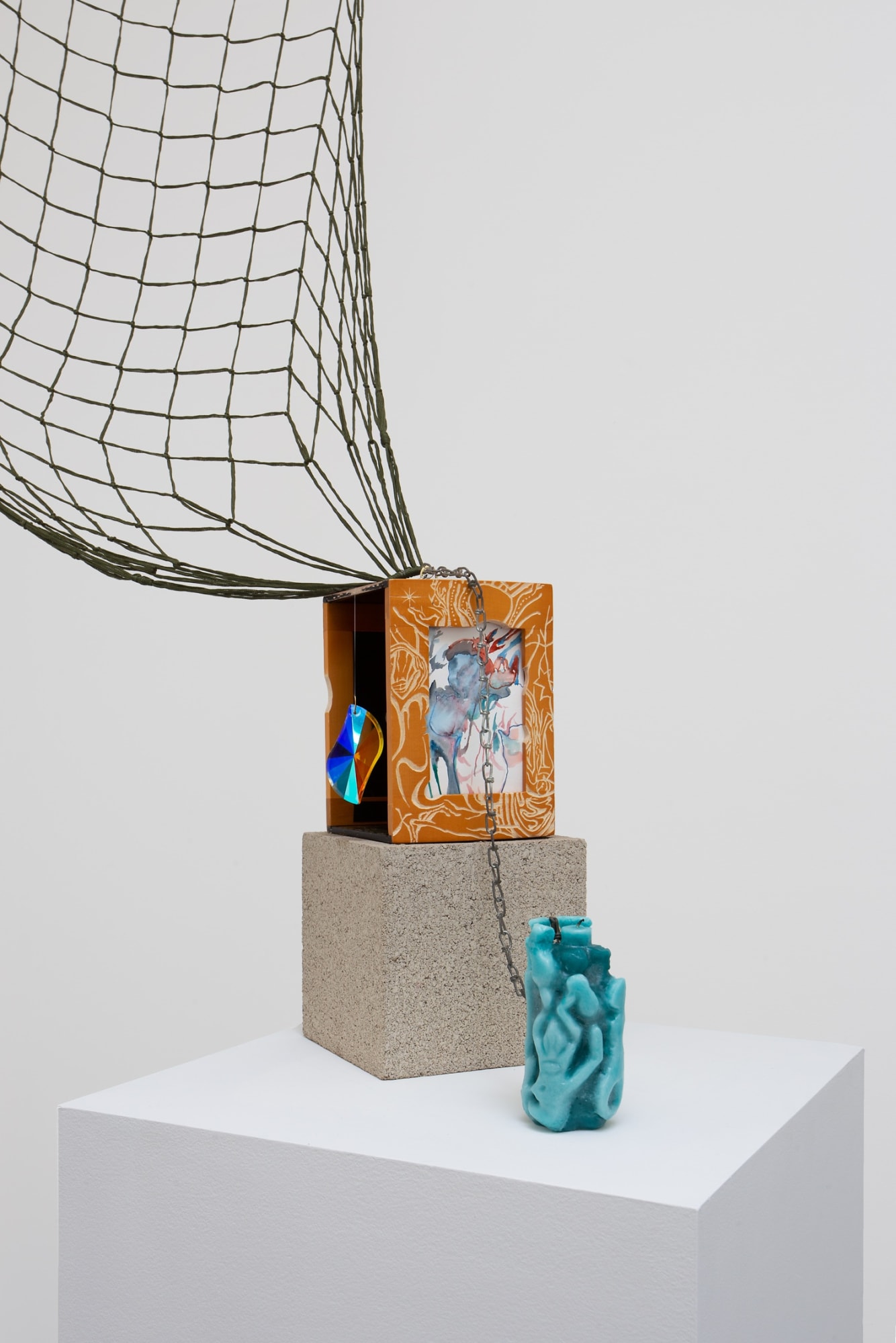 Thalia Rodgers I remember when it happened and now its this, 2022 Hammock, chain, candle, picture frame, cd holder, gouache, sun catcher, stickers, watercolor on paper