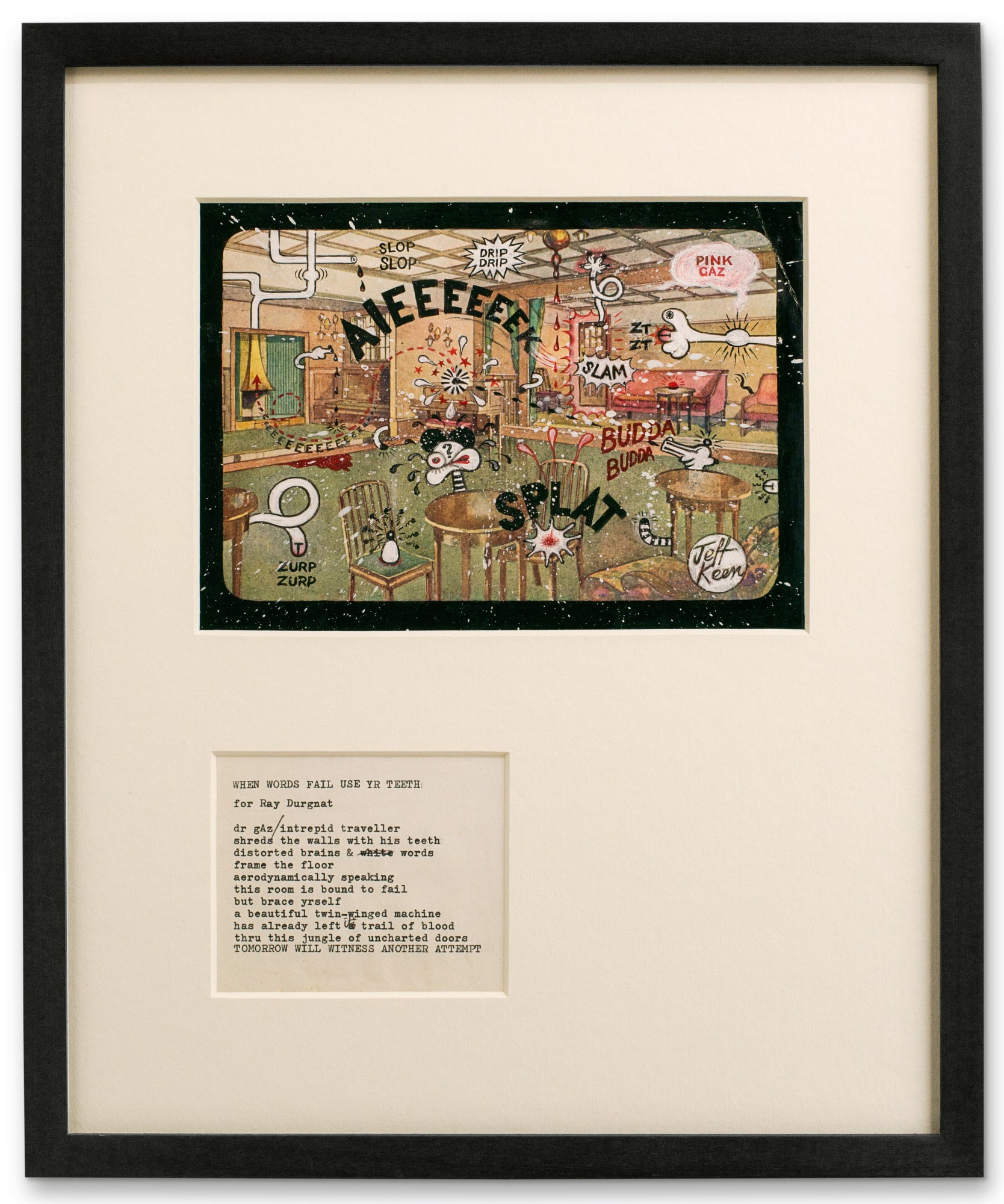 Jeff Keen, AIEEEEEEK!, 1968-1970, Pen, acrylic, and correction fluid collage with typewrite on paper, 29.7 x 21 cm, 11.69 x 8.27 in, Framed: 39.5 x 32.8 cm, 15 1/2 x 12 7/8 in