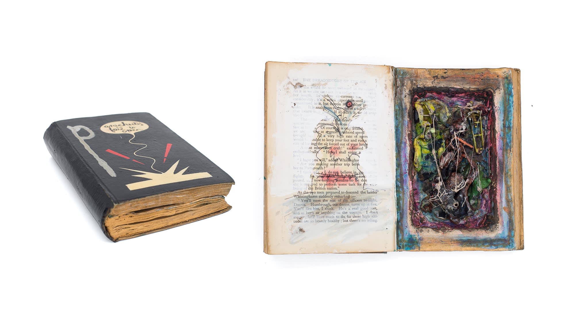 Jeff Keen, Parachutes Fail to Open, c. 1971, Acrylic and ink on bound and printed paper with plastic assemblage, 20 x 29 cm, 7 7/8 x 11 3/8 in