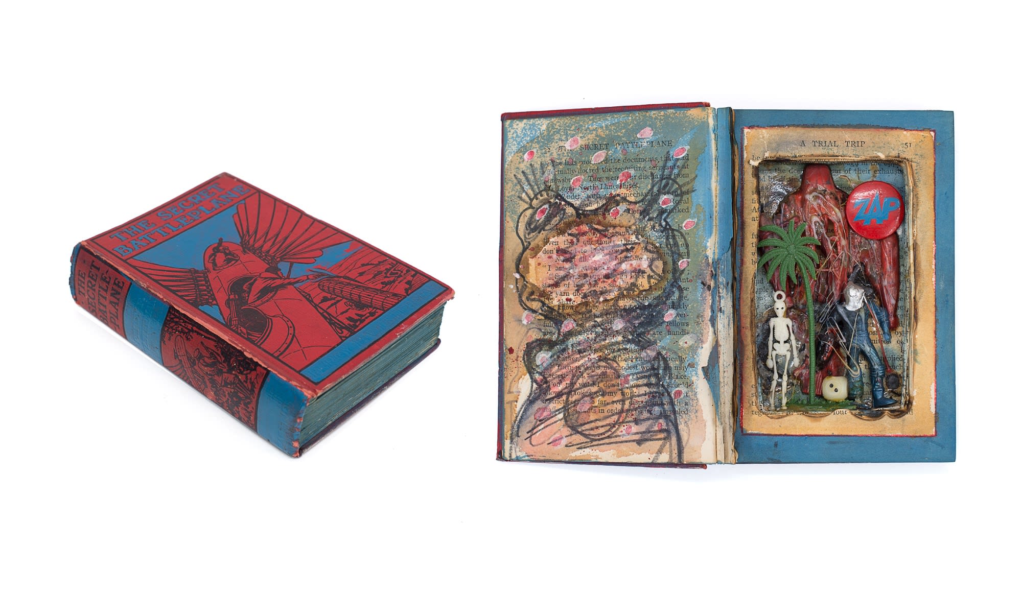 Jeff Keen, The Secret Battleplane, c. 1962, Acrylic and ink on bound and printed paper with plastic assemblage, 19 x 25 cm, 7 1/2 x 9 7/8 in