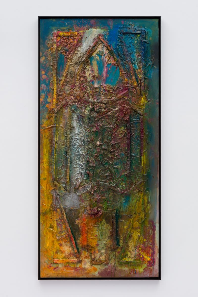 Frank Bowling, Ancestor Window, 1987, Acrylic paint and acrylic gel over foam on canvas, 188.4 x 86.1 cm, 74 1/8 x 33 7/8 in, Framed: 191.3 x 89.1 x 5.4 cm, 75 1/4 x 35 1/8 x 2 1/8 in