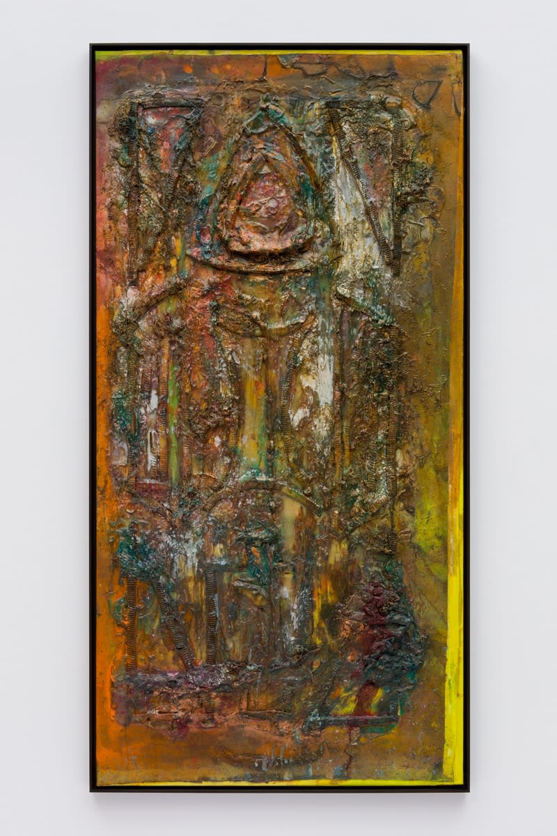 Frank Bowling, B'hind th' Alter, 1987, Acrylic paint and acrylic gel over foam on collaged canvas, 183.2 x 91.2 cm, 72 1/8 x 35 7/8 in, Framed: 184.7 x 94.4 x 5.4 cm, 72 3/4 x 37 1/8 x 2 1/8 in