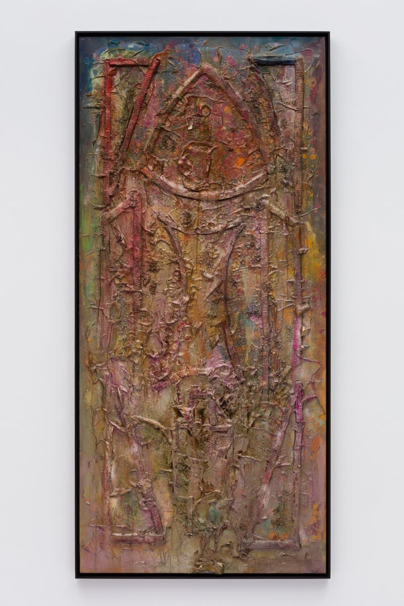 Frank Bowling, Bushlite, 1986, Acrylic paint and acrylic gel over foam on canvas with found additions, 188.2 x 86.3 cm, 74 1/8 x 34 in, Framed: 191.3 x 88.8 x 5.4 cm, 75 1/4 x 35 x 2 1/8 in