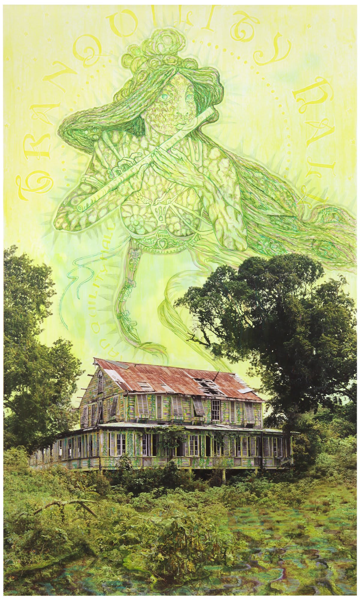 Hew Locke, Tranquility Hall, 2013, Acrylic on chromogenic print, 213 x 126.5 cm, 83 7/8 x 49 3/4 in, Framed: 226 x 141 x 6.3 cm, 89 1/8 x 55 1/2 x 2 1/2 in