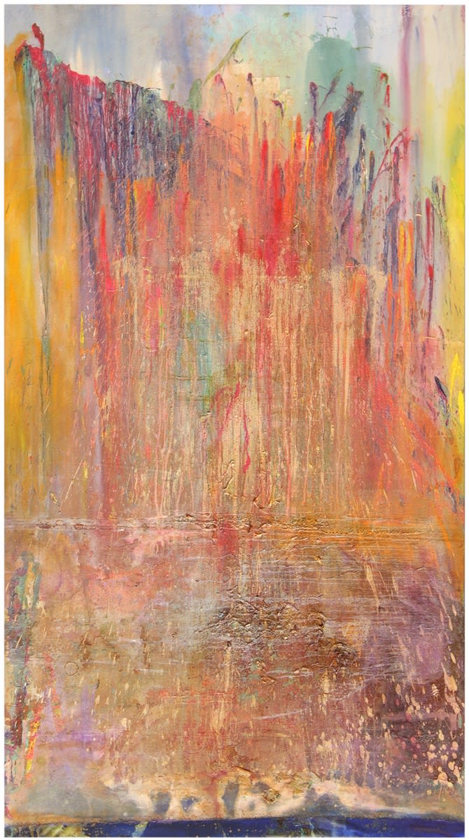 Frank Bowling, Ashton'splunge, 2011, Acrylic paint and acrylic gel with mixed media on collaged canvas, 302.5 x 165.5 cm, 119 1/8 x 65 1/8 in
