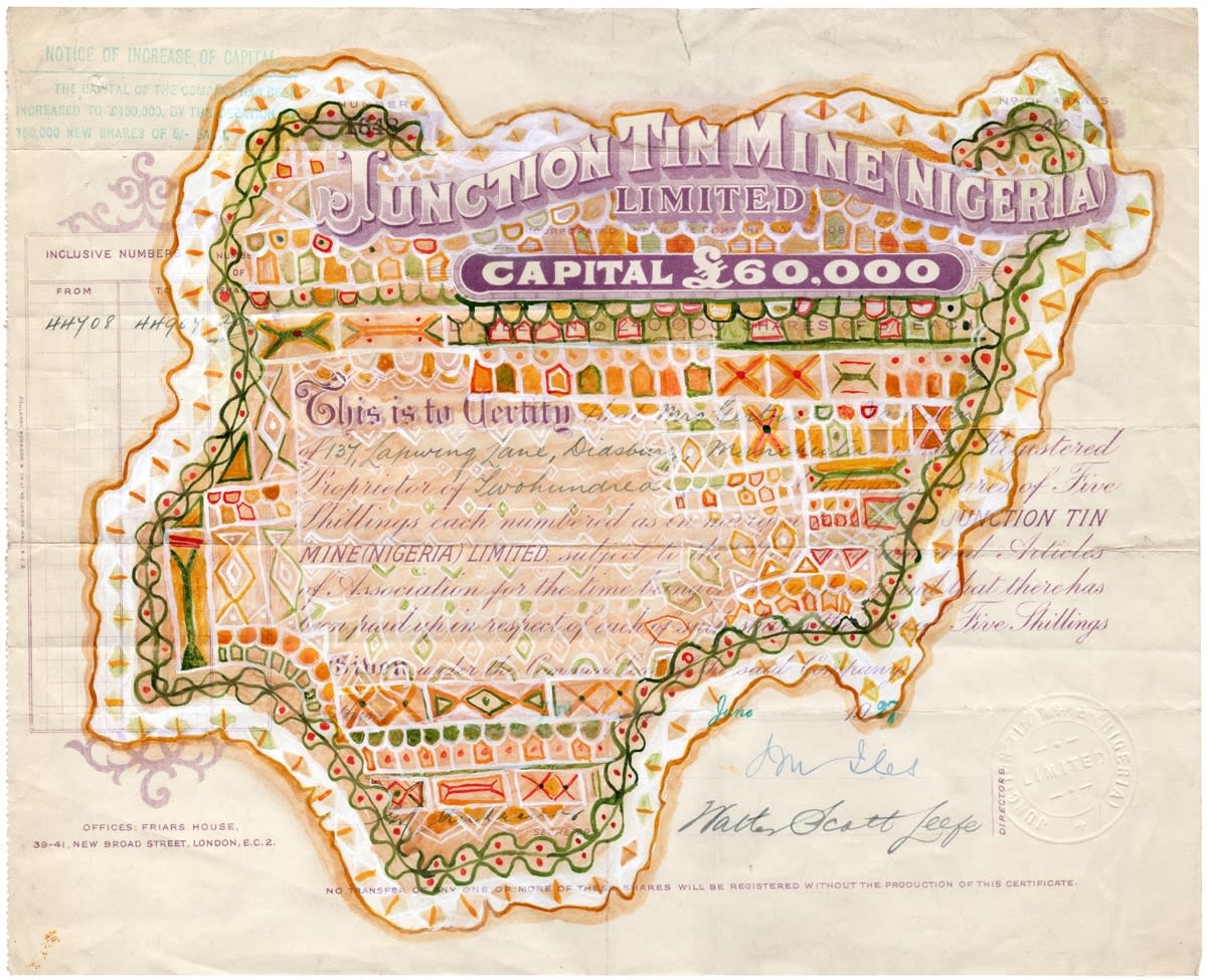 Hew Locke, Junction Tin Mine Nigeria, 2014, Acrylic on antique paper share certificate, 24.7 x 30.9 cm, 9 3/4 x 12 1/8 in, Framed: 32.8 x 38.8 x 4 cm, 12 7/8 x 15 1/4 x 1 5/8 in