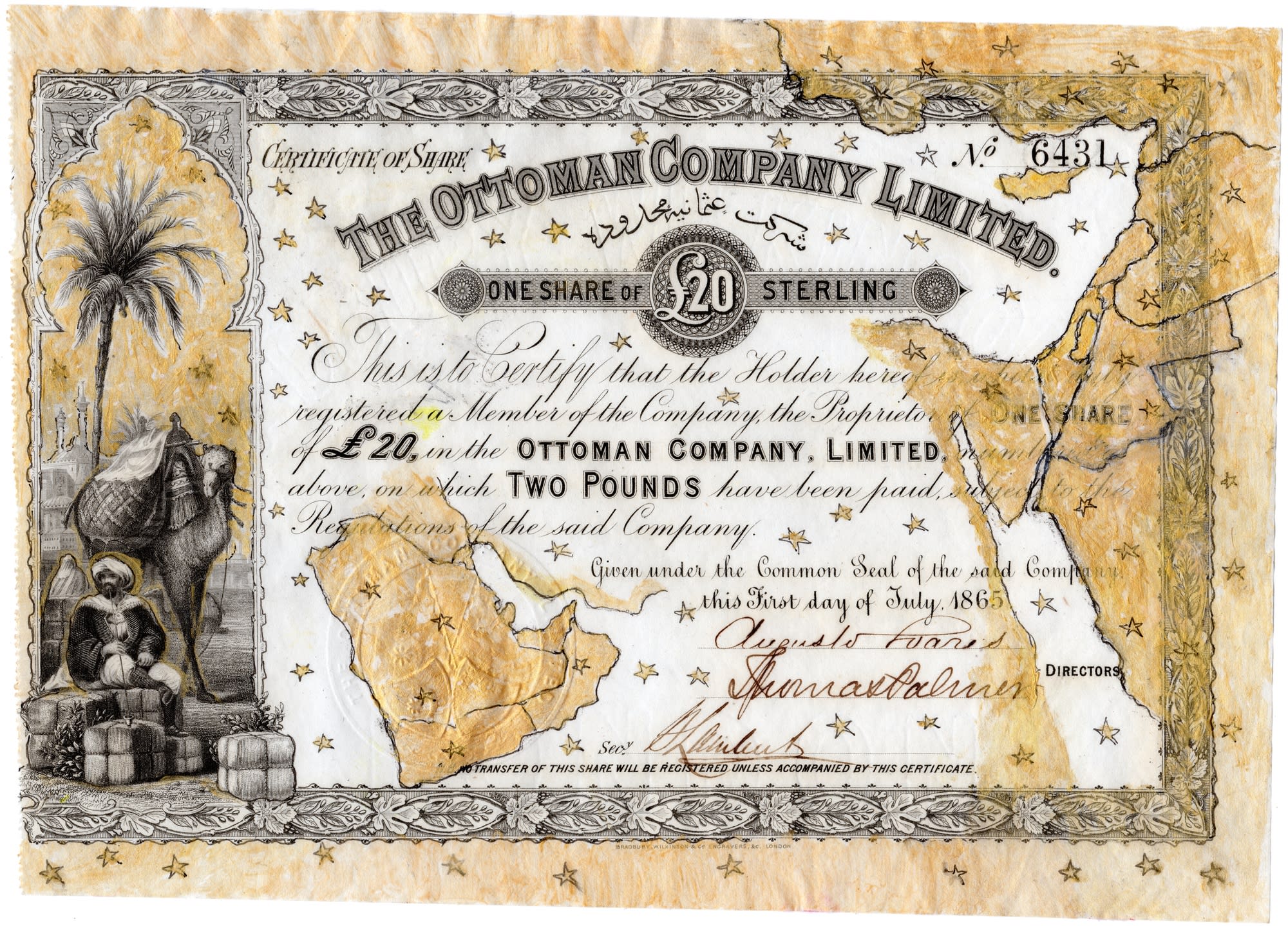 Hew Locke, The Ottoman Company Limited, 2014, Acrylic on antique paper share certificate, 18.4 x 26 cm, 7 1/4 x 10 1/4 in, Framed: 26 x 33.7 x 4.2 cm, 10 1/4 x 13 1/4 x 1 5/8 in