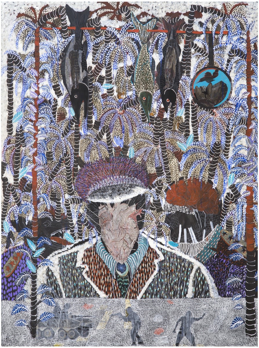 Omar Ba, CPI (Cour Pénale Internationale), 2014, Oil, acrylic, and pencil on corrugated cardboard, 200 x 150 cm, 78 3/4 x 59 1/8 in, Framed: 215 x 163.5 x 5 cm, 84 5/8 x 64 3/8 x 2 in