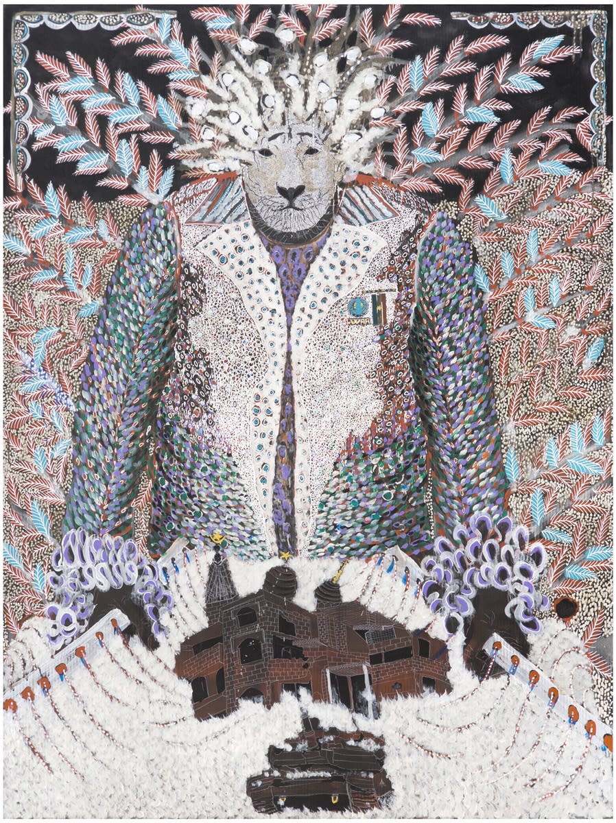 Omar Ba, Dommages Collatéraux, 2014, oil, acrylic and pencil on corrugated cardboard, 200 x 150 cm, 78 3/4 x 59 1/8 in