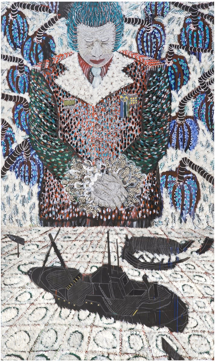 Omar Ba, Naufrage à Melilla, 2014, oil, acrylic and pencil on corrugated cardboard, 200 x 120 cm, 78 3/4 x 47 1/4 in