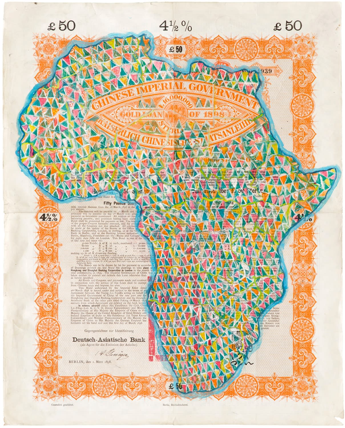 Hew Locke, Chinese Imperial Gold Loan 7, 2014, Acrylic on antique paper share certificate, 50 x 40 cm, 19 3/4 x 15 3/4 in, Framed: 57.6 x 47.7 x 4 cm, 22 5/8 x 18 3/4 x 1 5/8 in